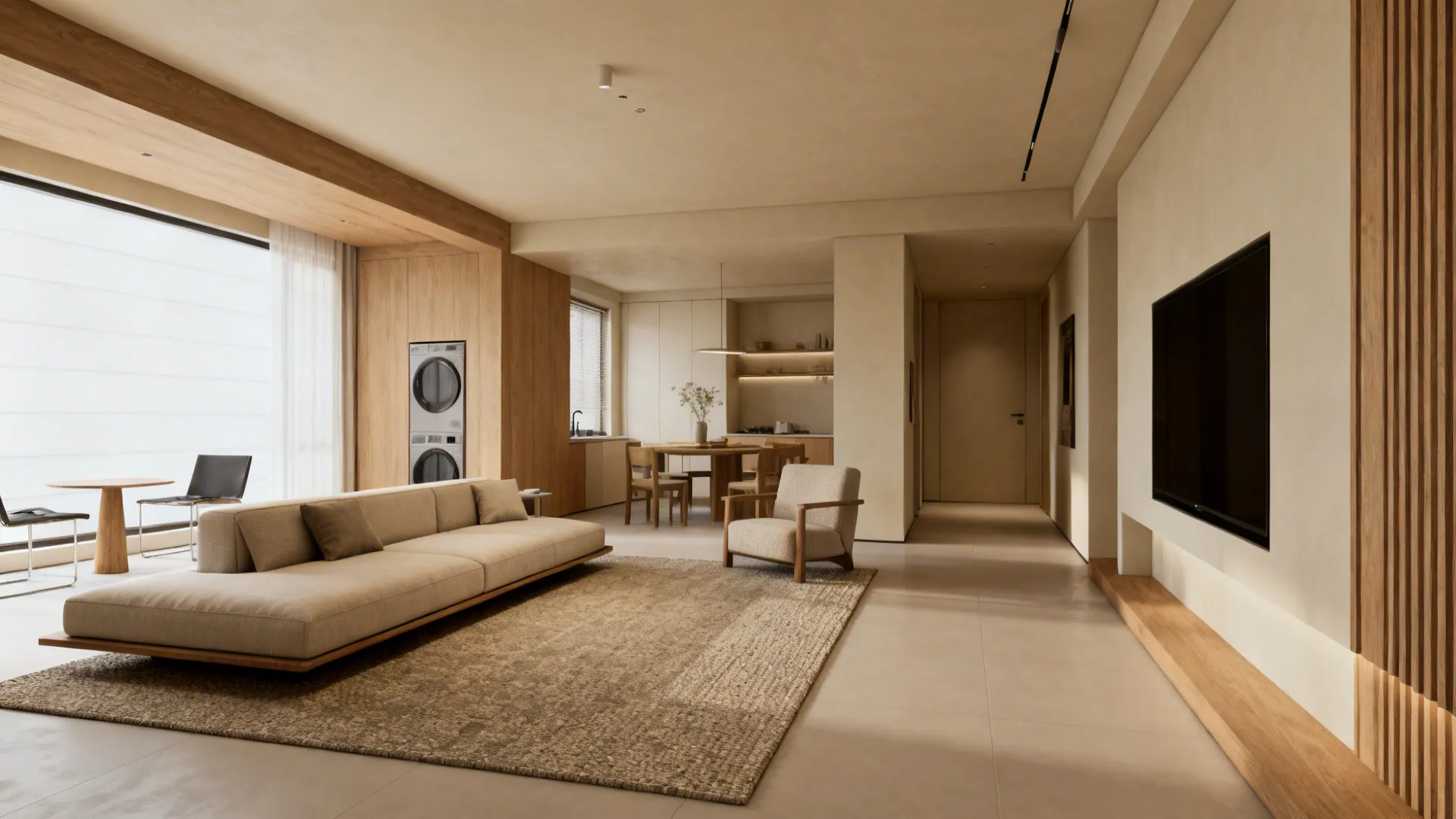 Low sofa and textured rug forming a zoned living island in a compact beige room.