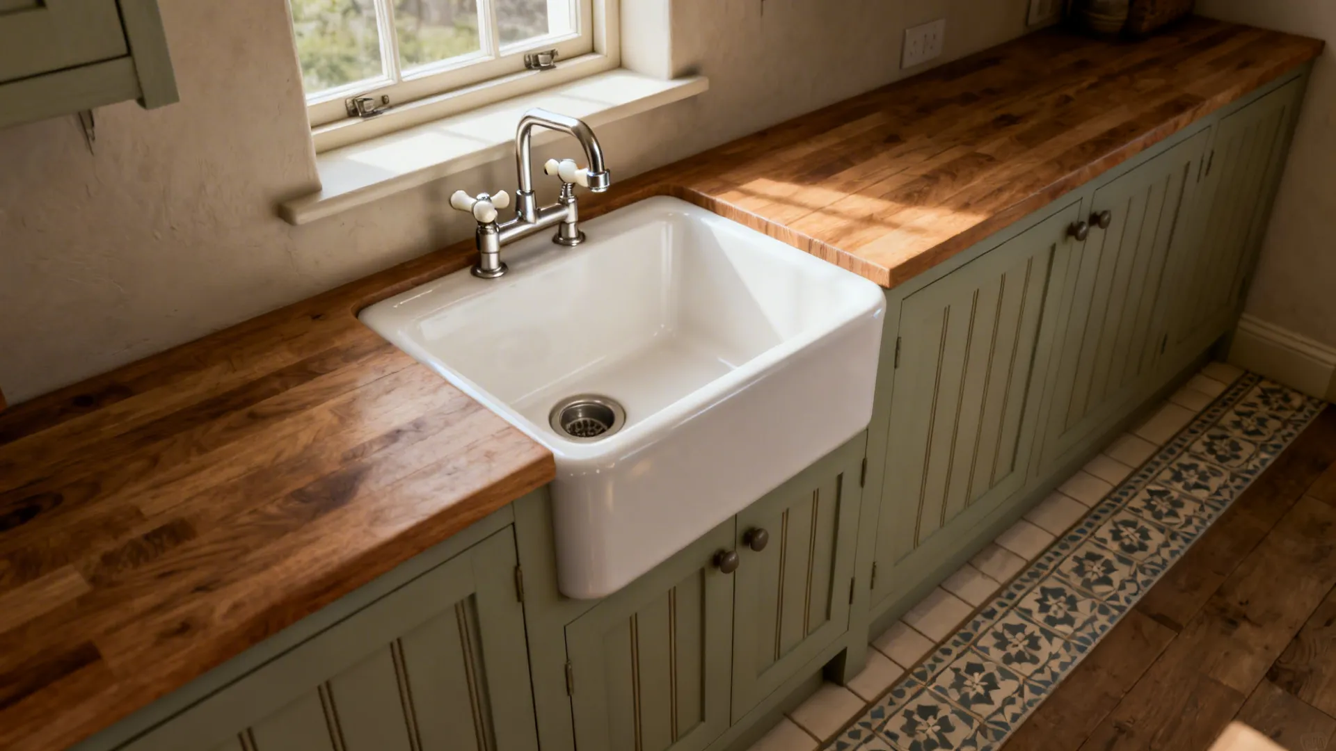 Belfast sink with bridge tap under a sash window in a compact UK country kitchen.
