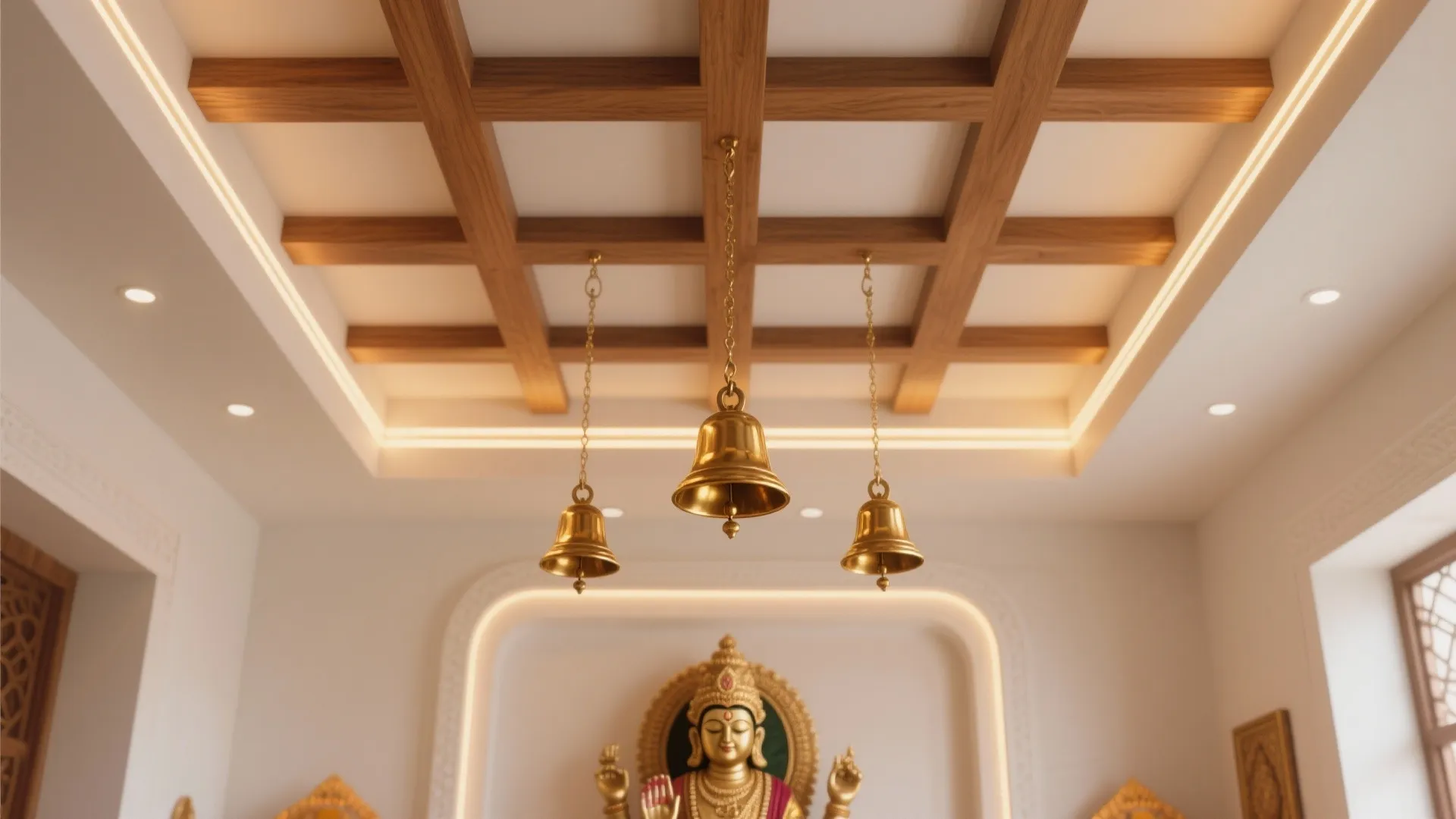 Traditional room with hanging gold bells from a wood beam ceiling and warm interior lighting