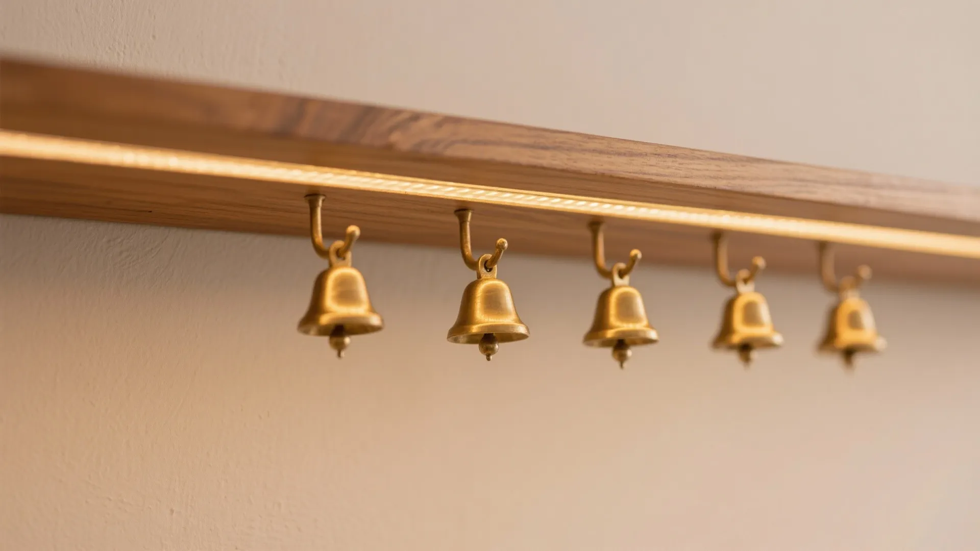 Floating bell rail under a soft-lit shelf