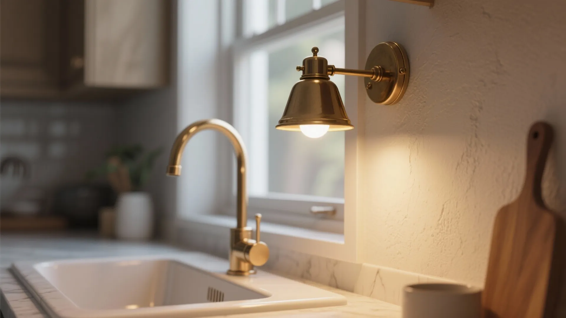 Modern gold wall light mounted above a kitchen sink with a golden faucet and window