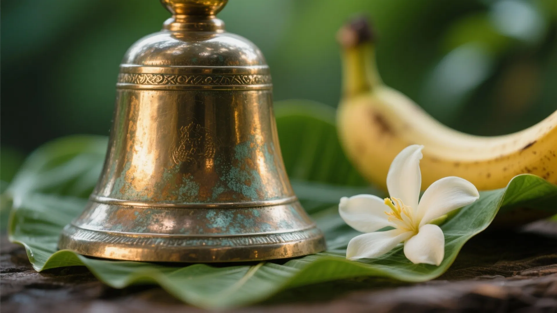 Close up of a brass hand bell with white flower and banana on green leaf background