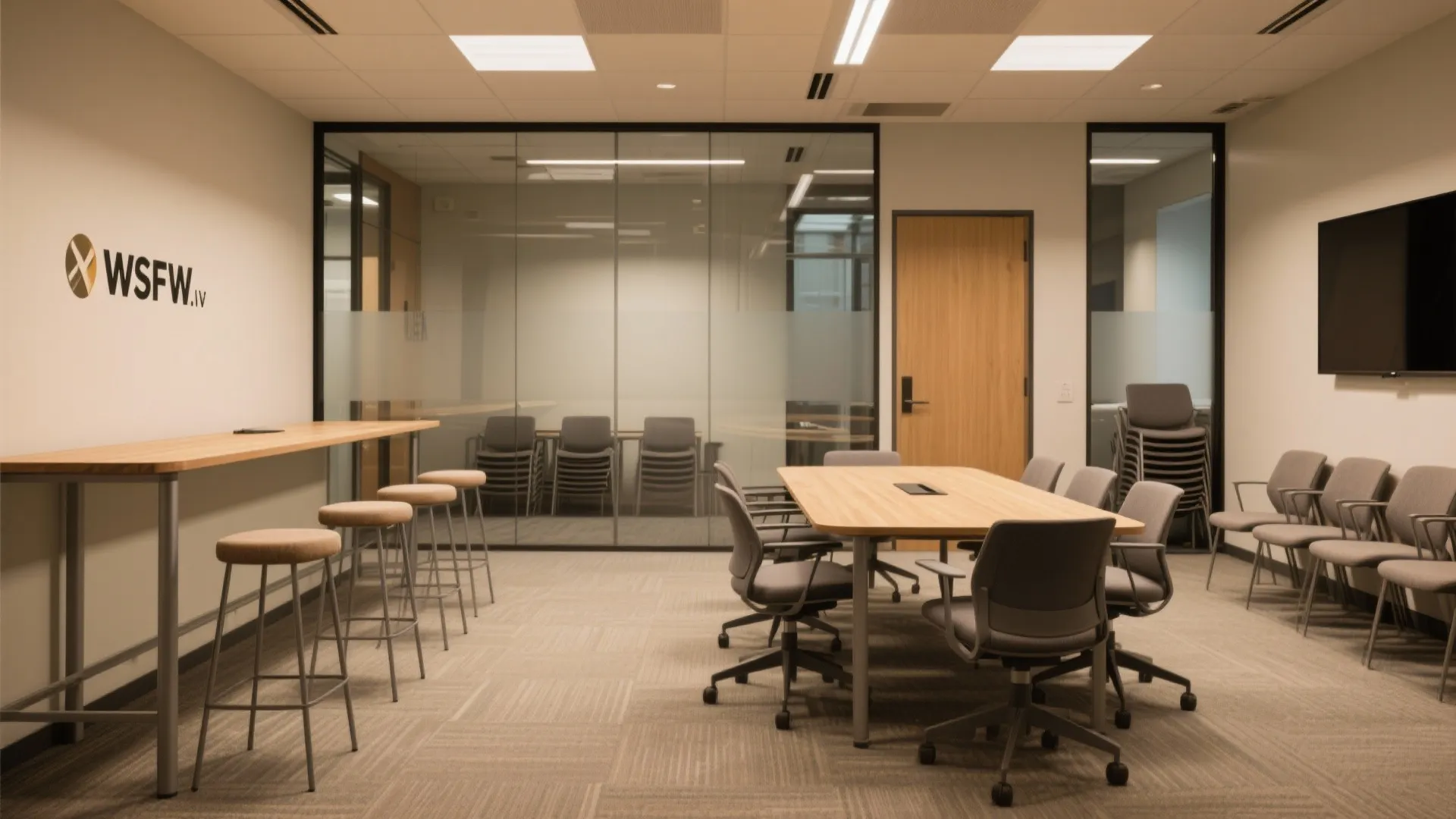 Office conference room featuring a large wooden table grey chairs and high bar stool seating
