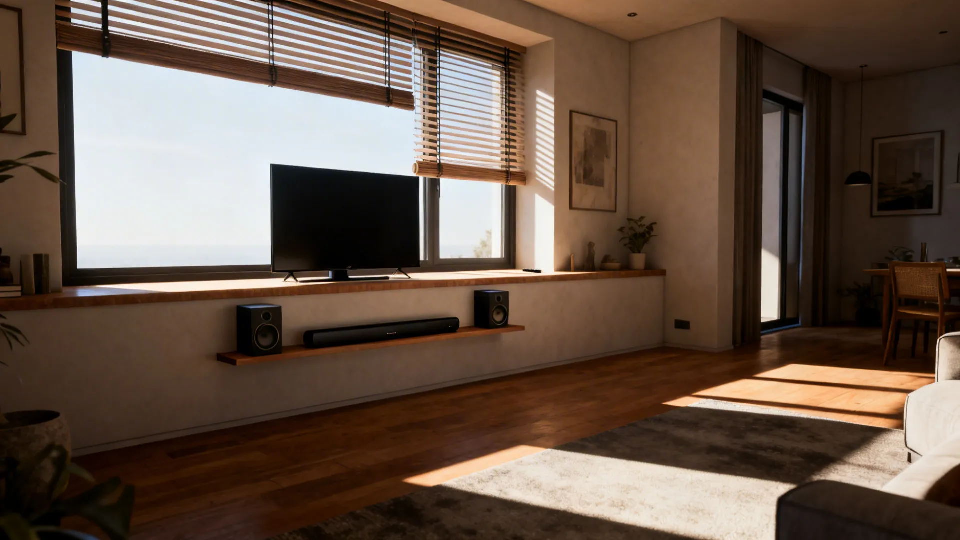 TV mounted below a window with a narrow floating speaker shelf and adjustable blinds
