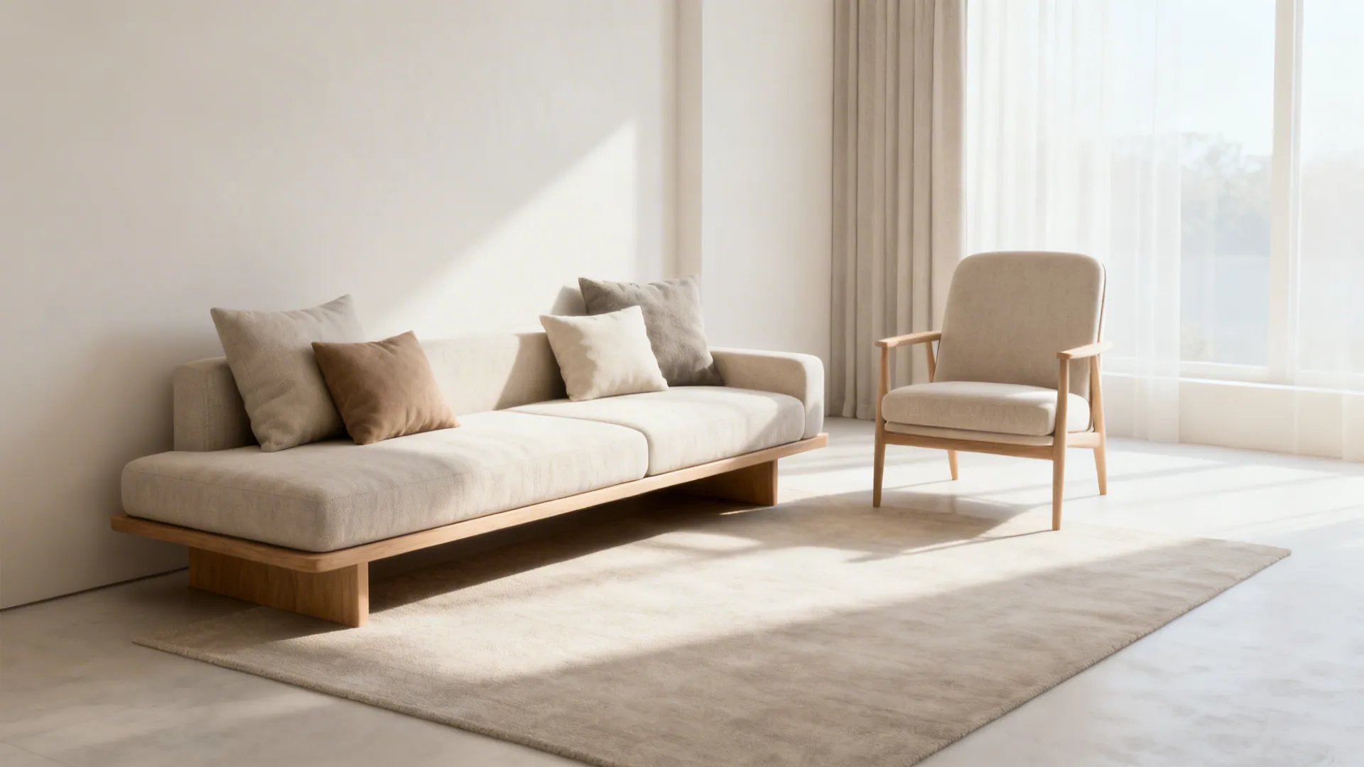 Airy living room with an upholstered bench and an accent chair creating a modern multifunctional setup
