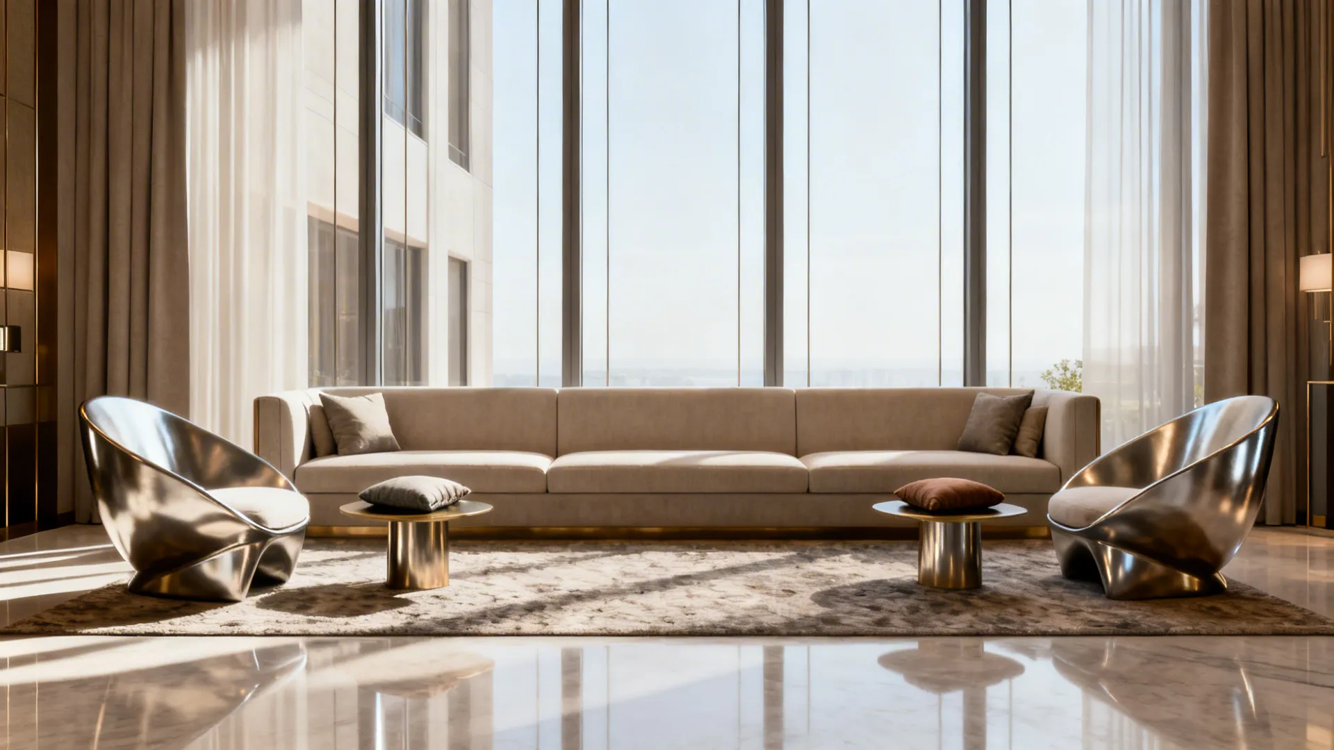 Narrow room with an upholstered bench and two sculptural accent chairs by the window.