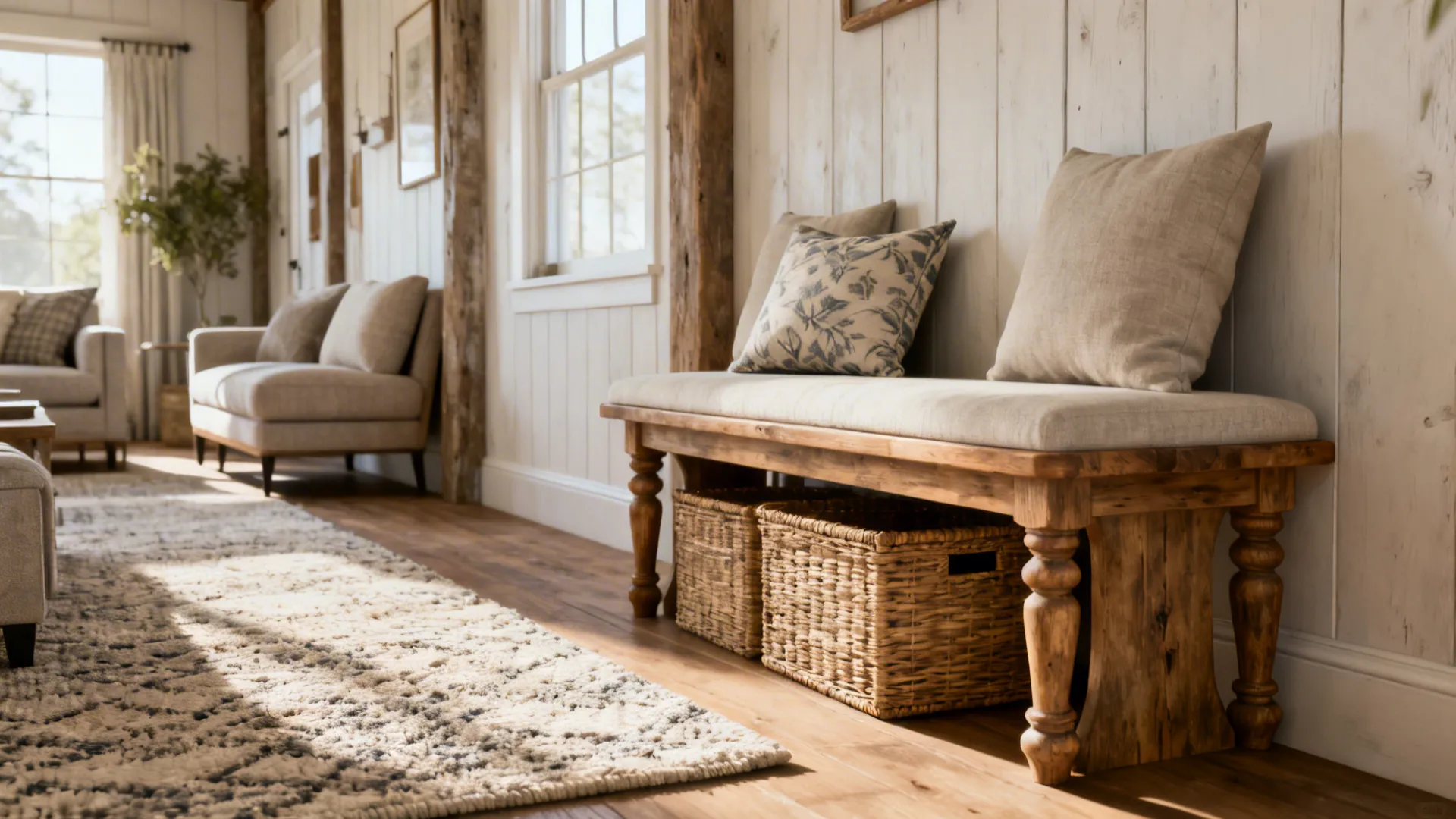 Narrow turned-leg bench used as accent seating with storage in a farmhouse living room improving sightlines.