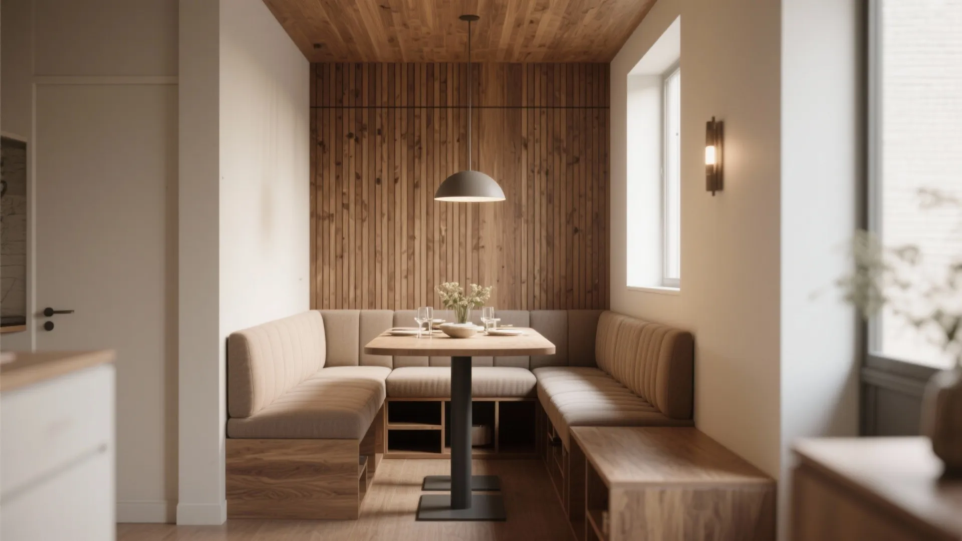 Built-in bench against a wood-slatted accent wall in dining area