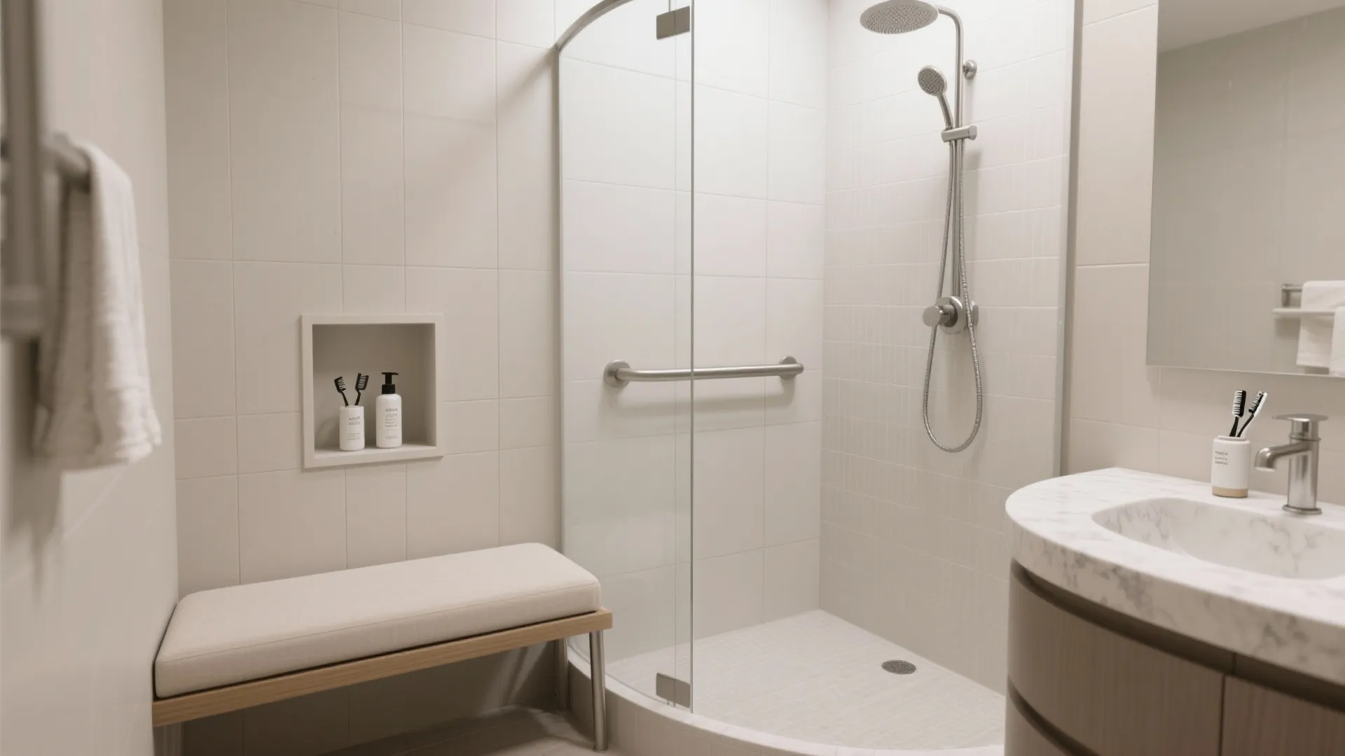 Modern bathroom with walk in shower glass door white bench wall shelf and marble top sink