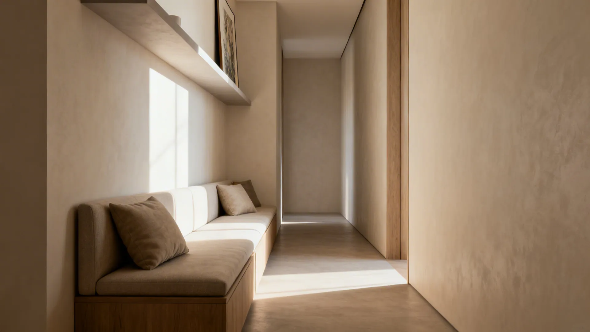 Bench-style sectional flush against the wall with a narrow walkway opposite