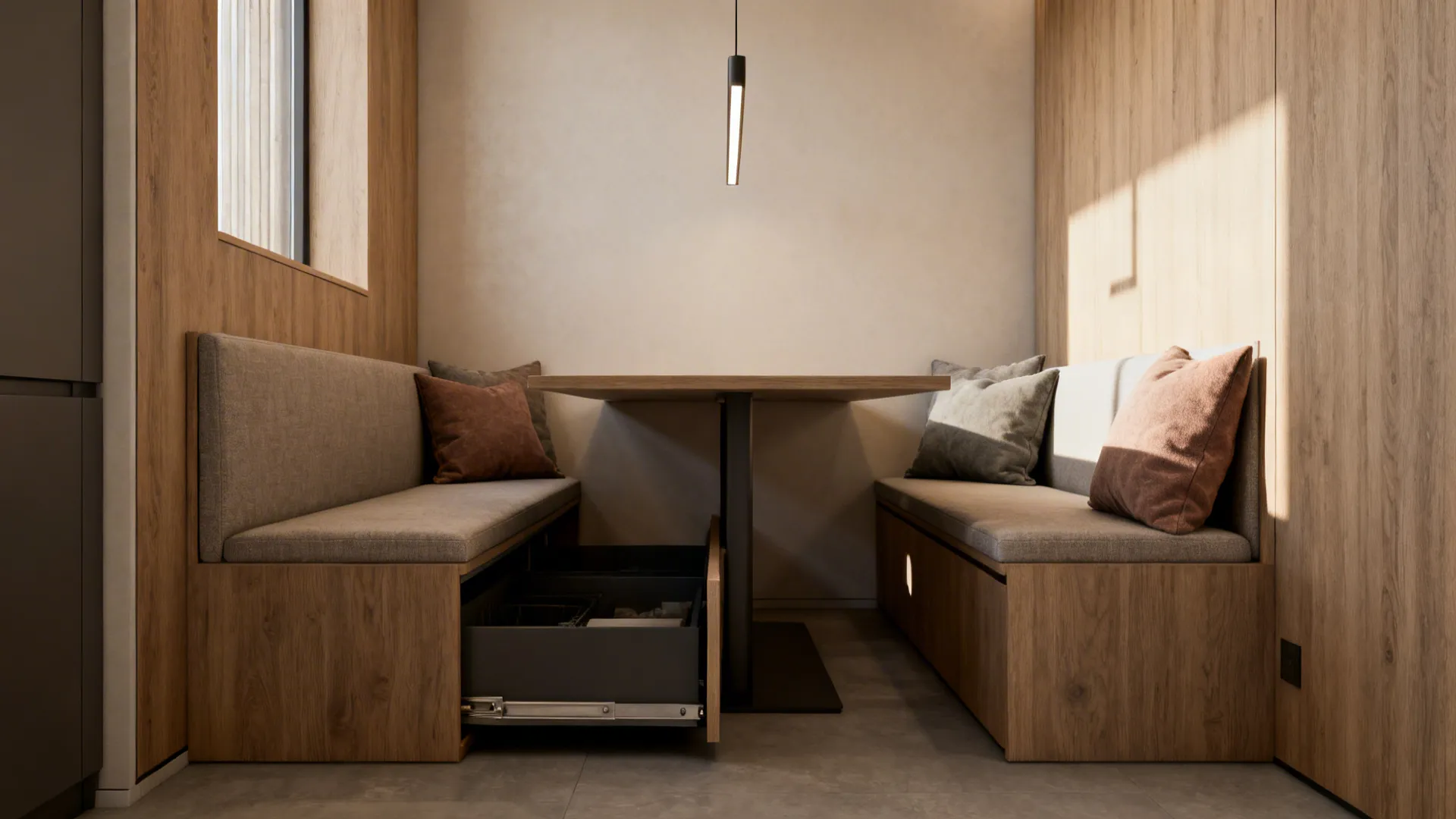Narrow dining alcove with a built-in bench and storage under the seat