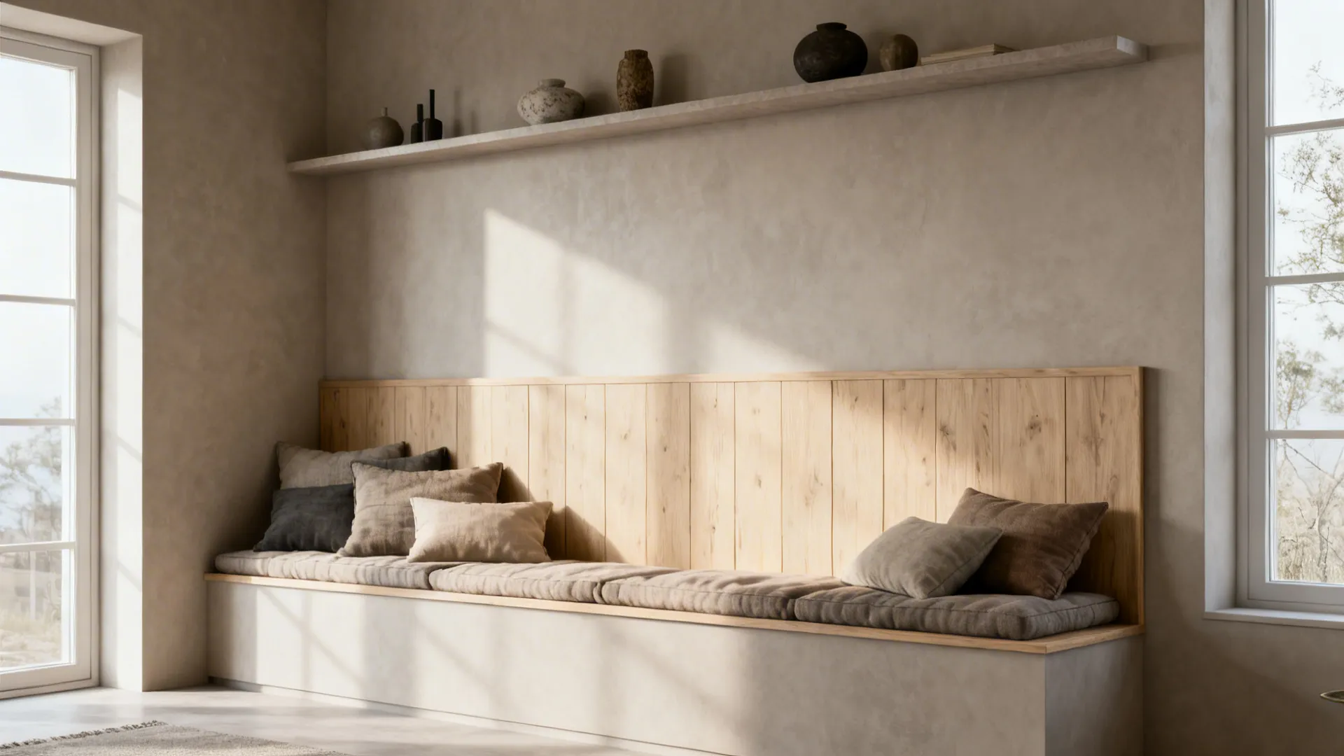 Window bench seating with layered cushions and low back panel in a compact drawing room