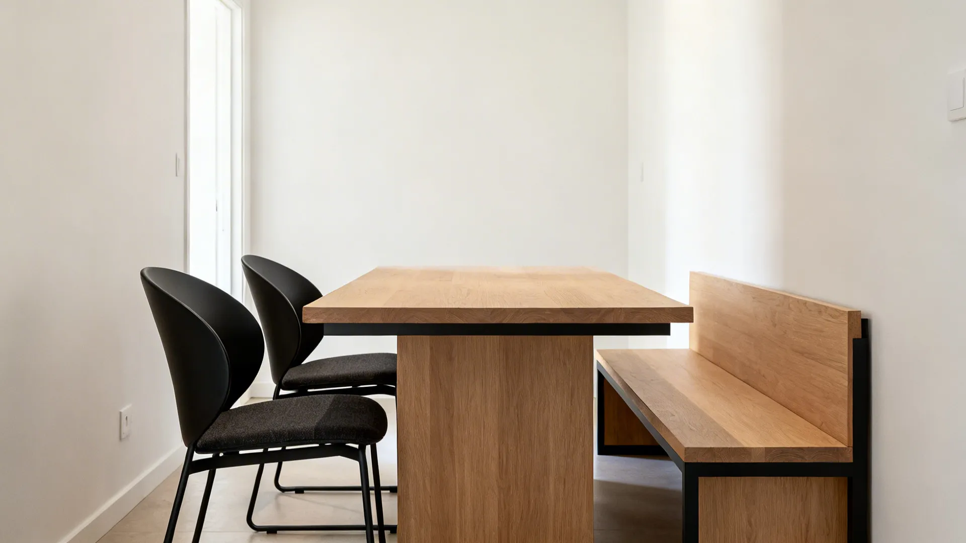 Slim bench tucked under a light wood dining table with two sculptural black chairs at the ends.