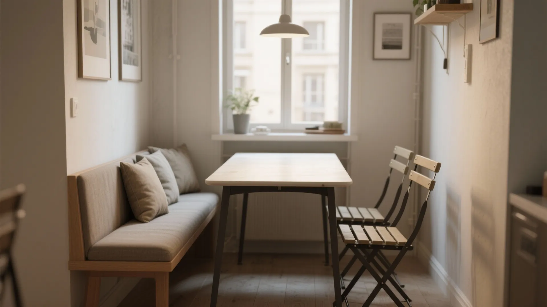 Small dining area featuring a cushioned bench and wooden table with two simple folding chairs