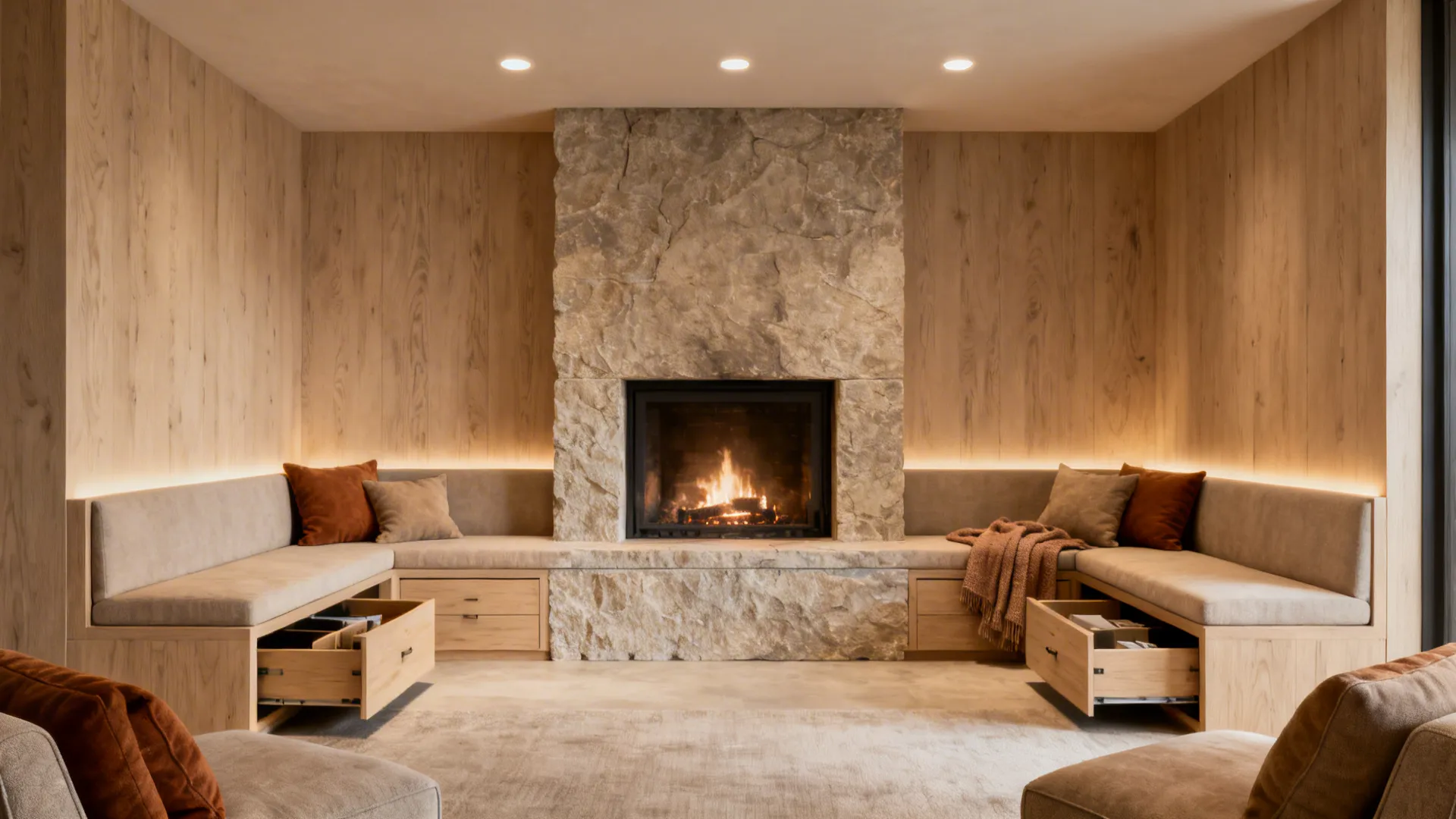 Built-in bench seating around a fireplace with hidden storage and warm cushions.