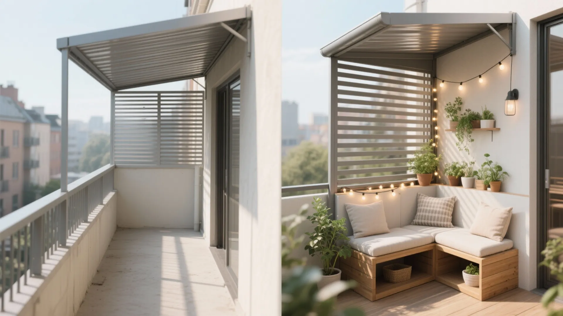 5) Privacy Screens + L-Shaped Bench Under a Solid Awning