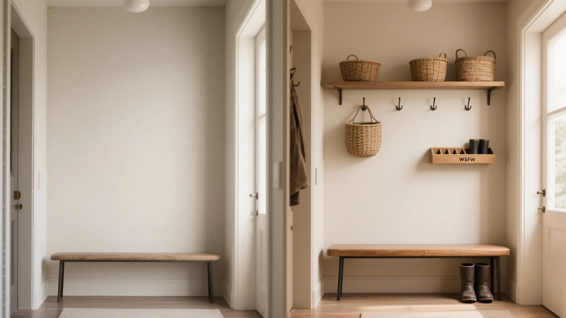 Before-and-after of a hallway wall transformed into a bench-and-shelf drop zone.