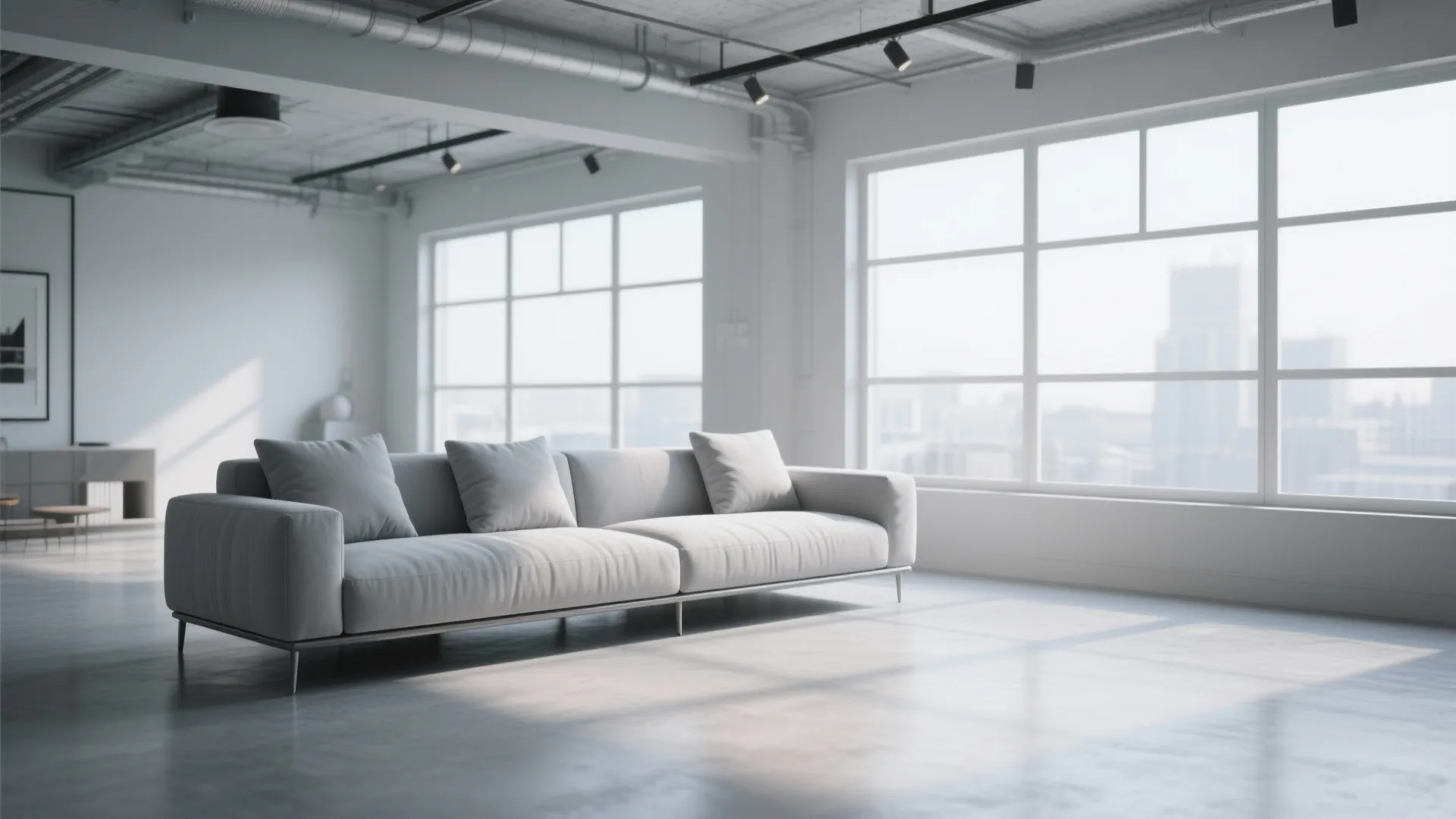 Grey sofa in a white room with windows, concrete floor, and black ceiling light fixture