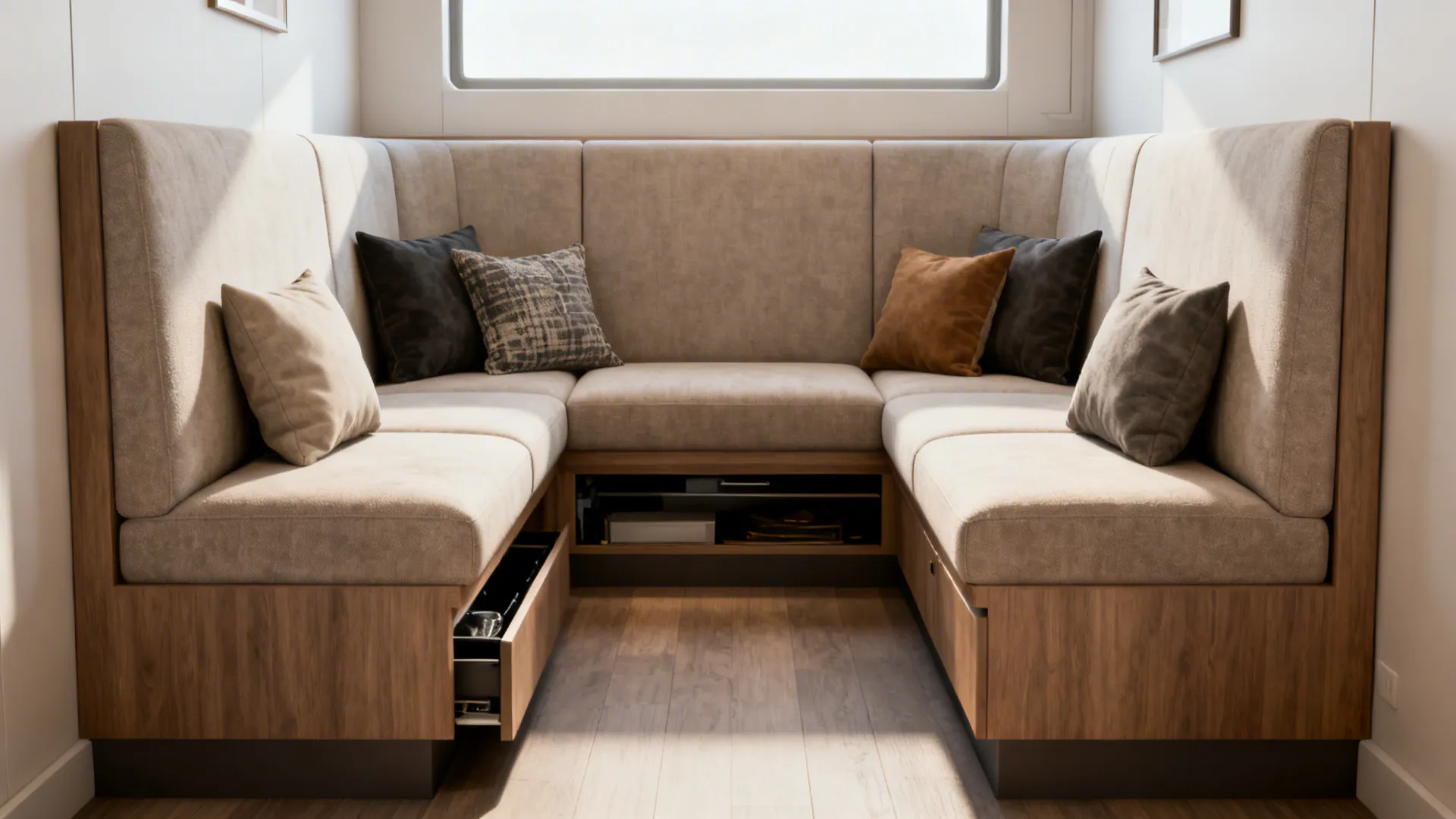 Studio space using a bench-backed corner sofa as a banquette to combine dining and living zones.