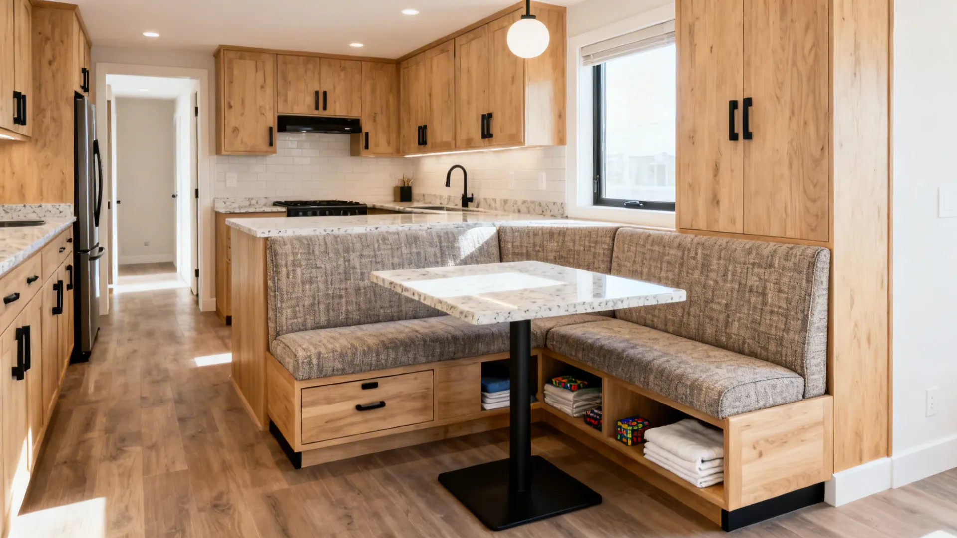 Compact kitchen with an island and integrated bench banquette with drawer pedestals.