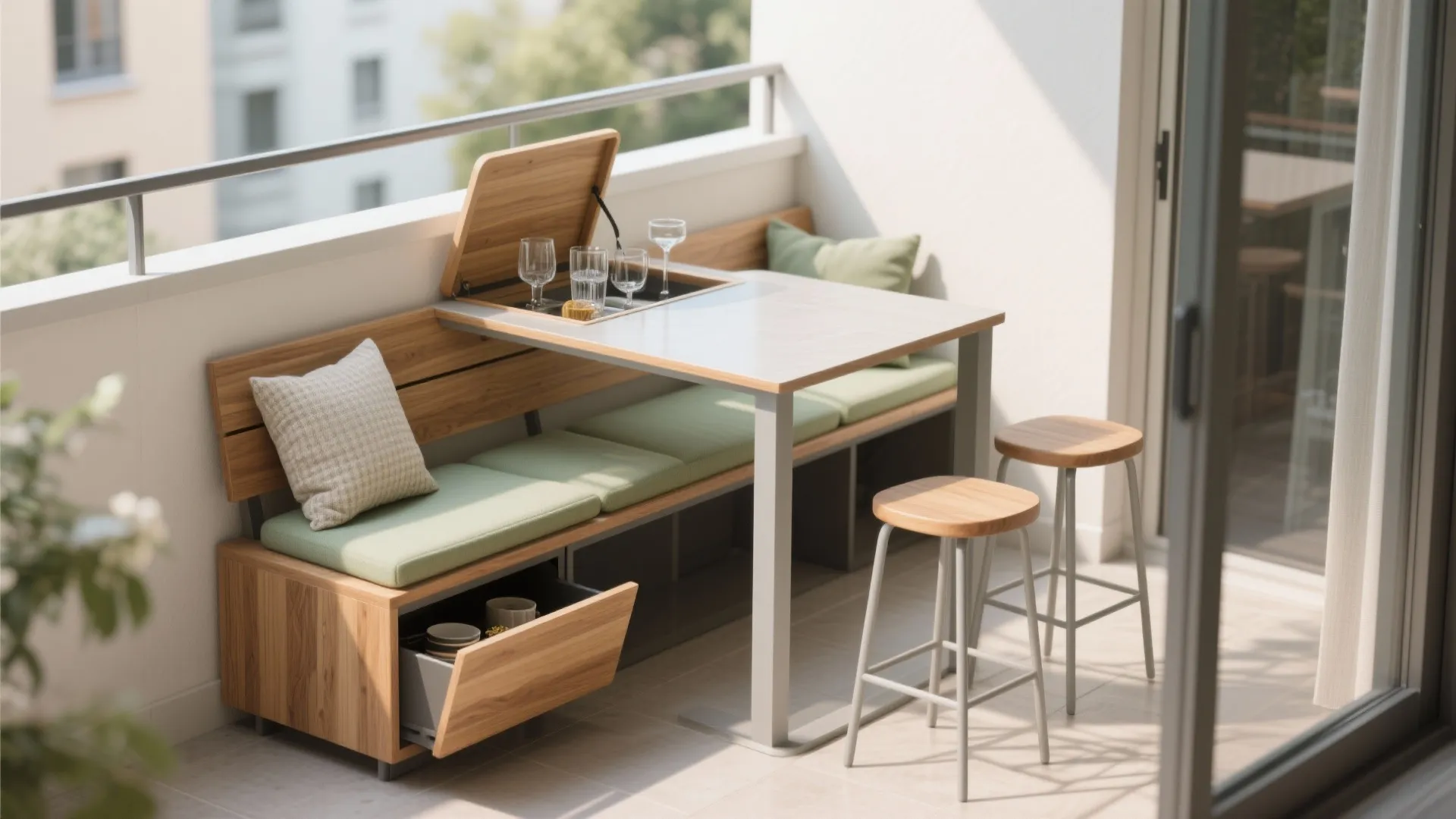 Space saving balcony bench with green cushions integrated table storage drawer and two wooden stools