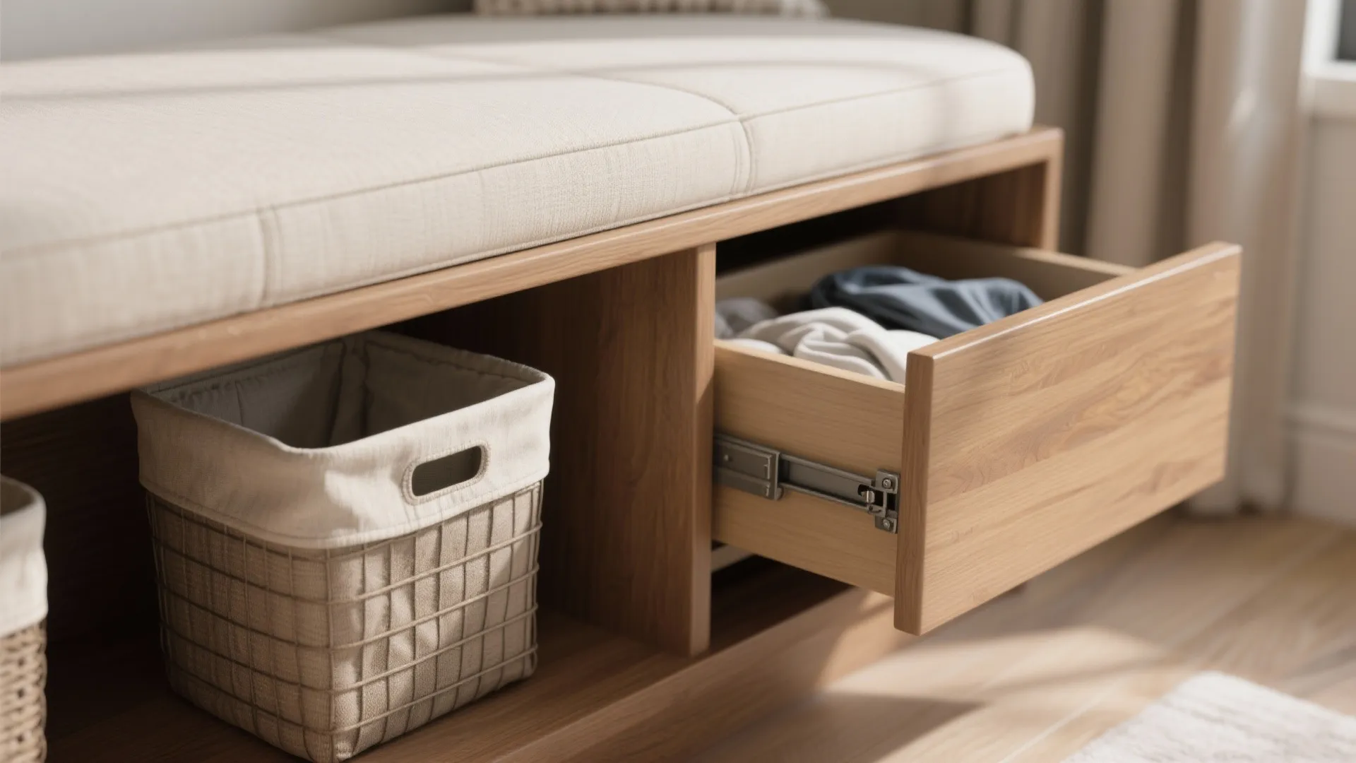 3. Bench, basket & hidden storage combo
