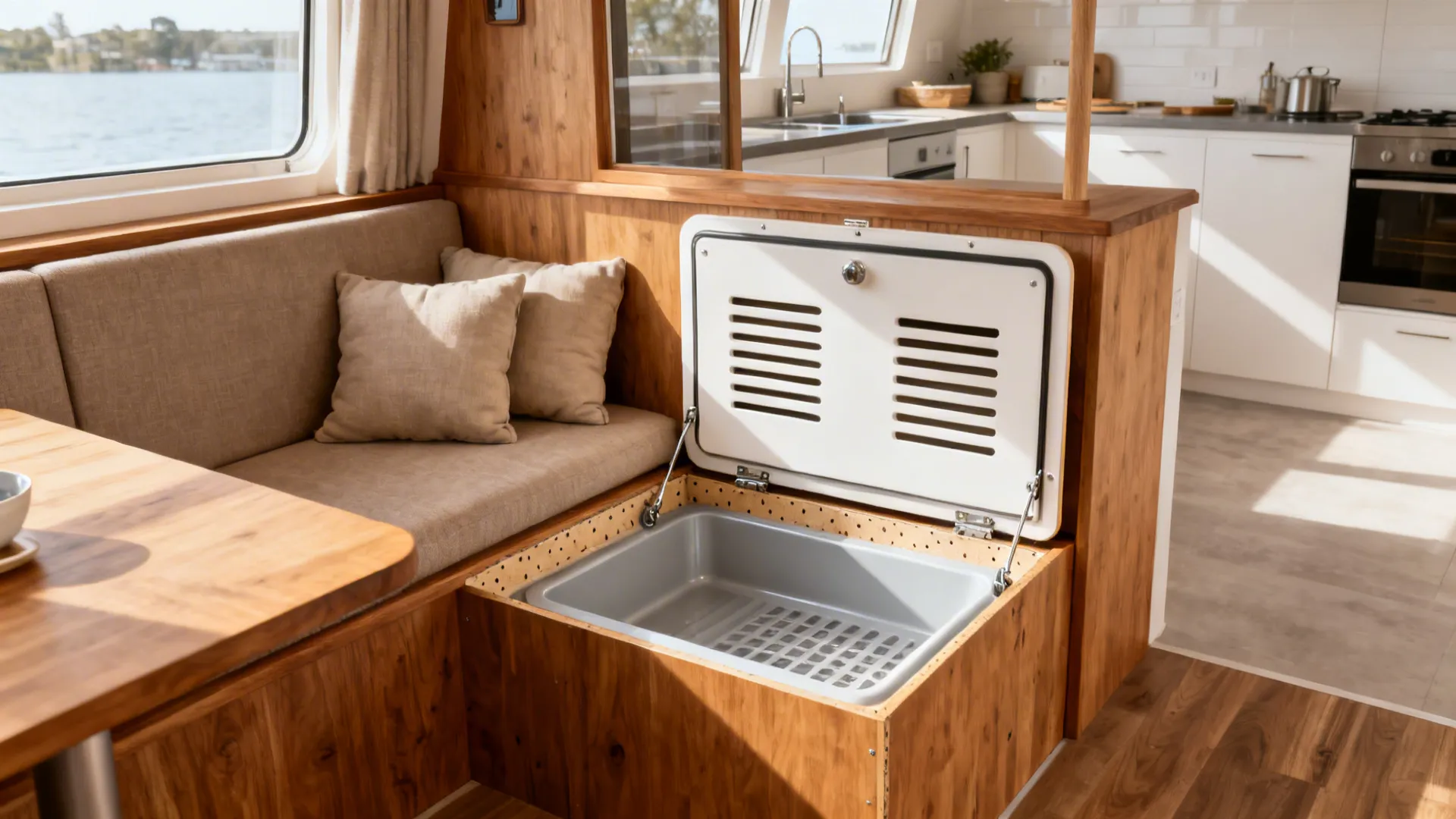 Built-in bench with a lidded bay revealing a ventilated tray and removable pan.