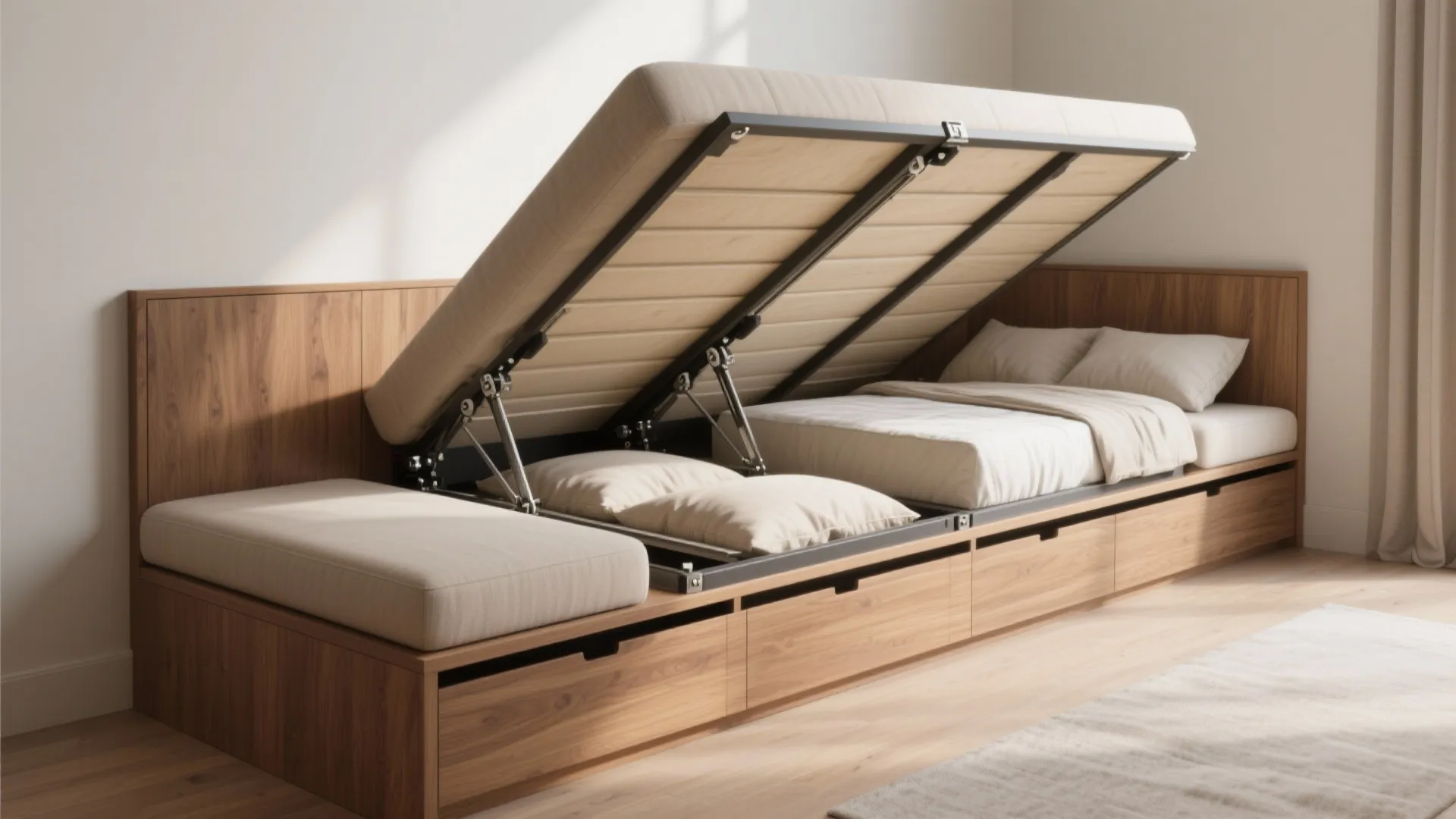 Modern wooden bed frame with lifted mattress showing storage for pillows and wooden drawers below