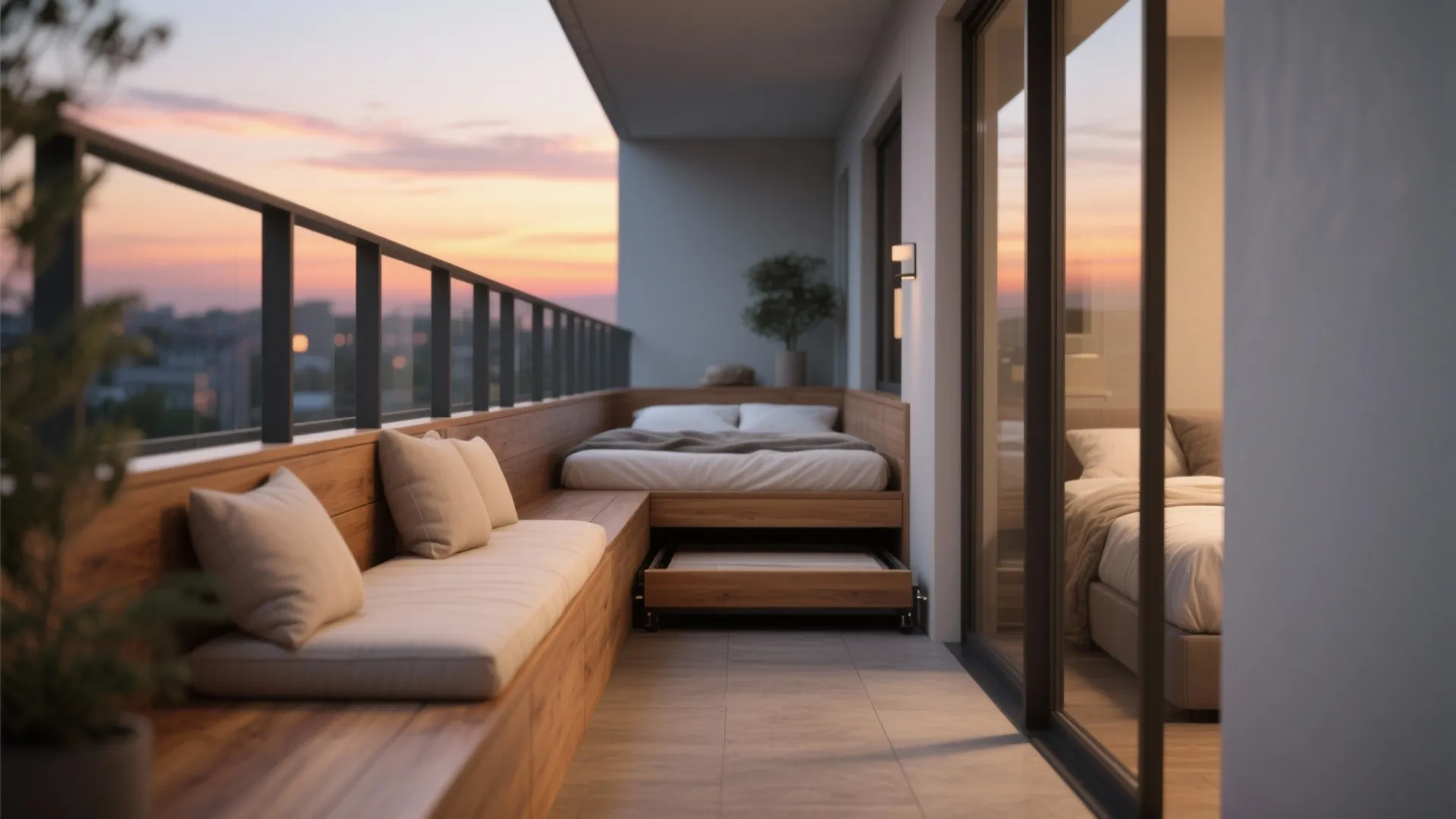 Narrow balcony with wooden bench seating white bed sunset sky view and sliding glass door