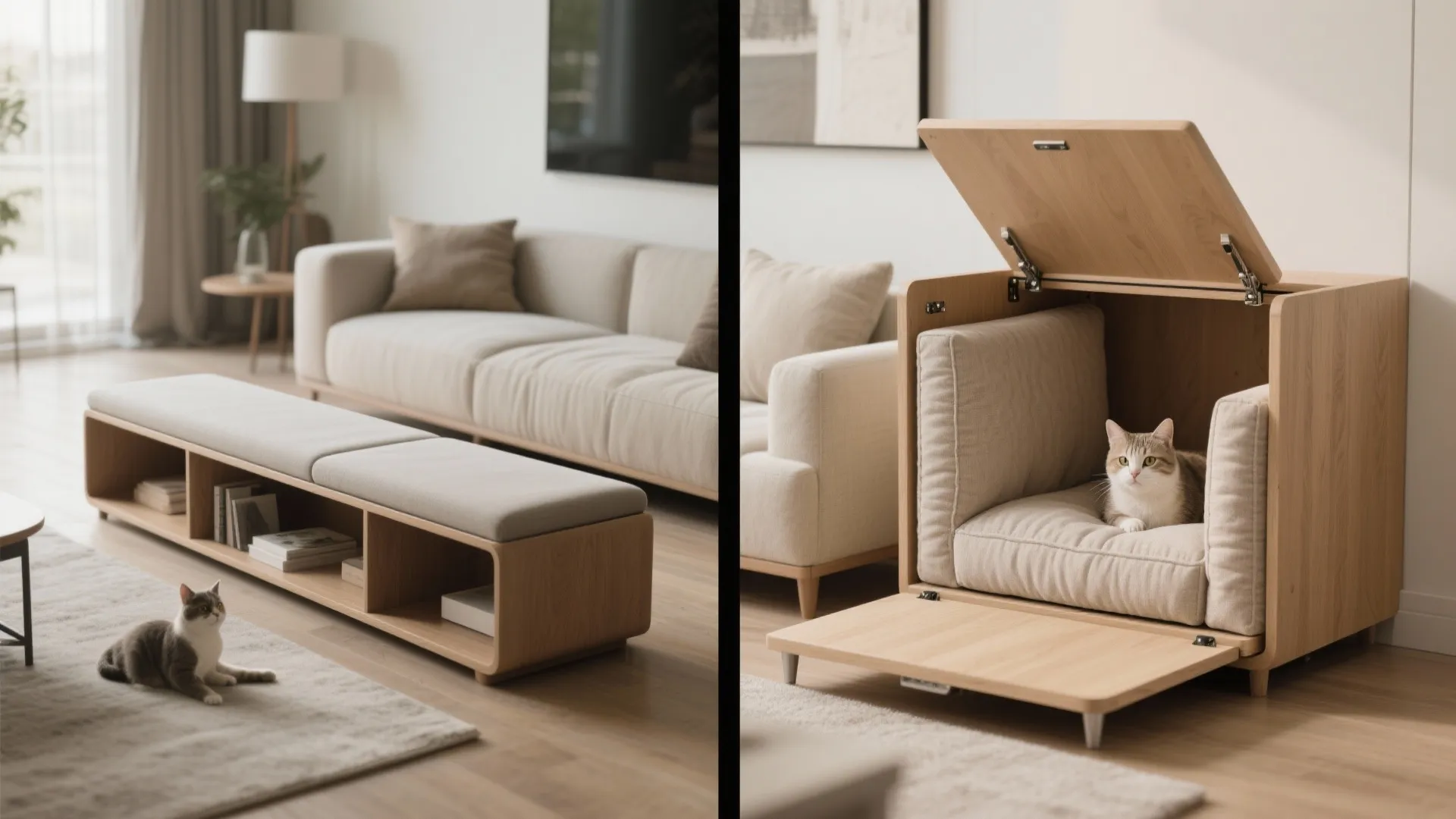Modern wood bench with storage and cat bed hidden inside next to a grey sofa