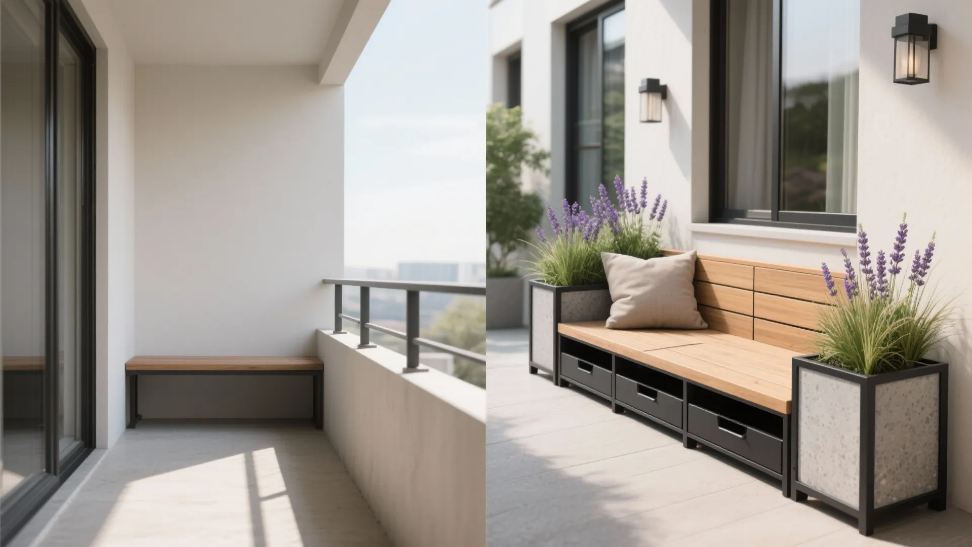 Before and after comparison showing a simple wooden bench versus an upgraded balcony seating area