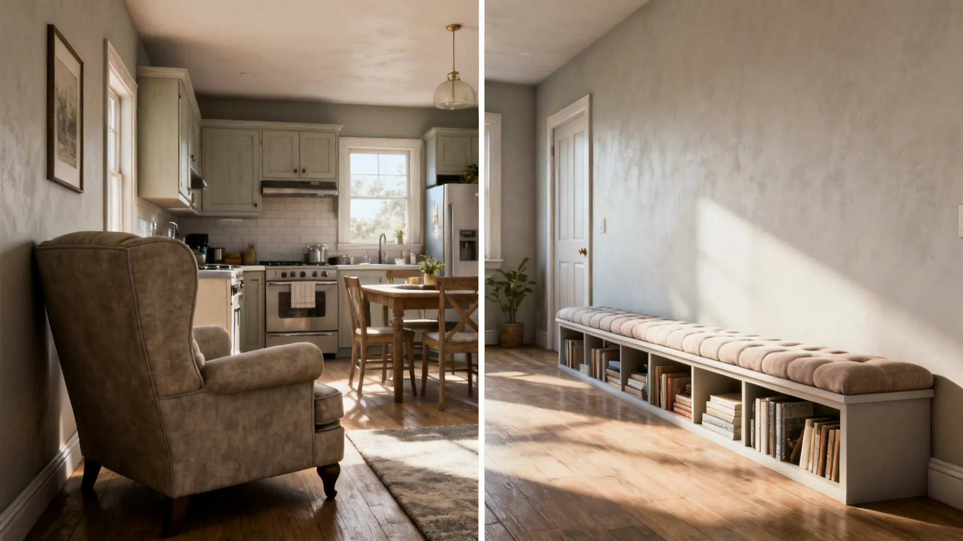 Before and after comparison of an empty kitchen corner and a custom window seating bench