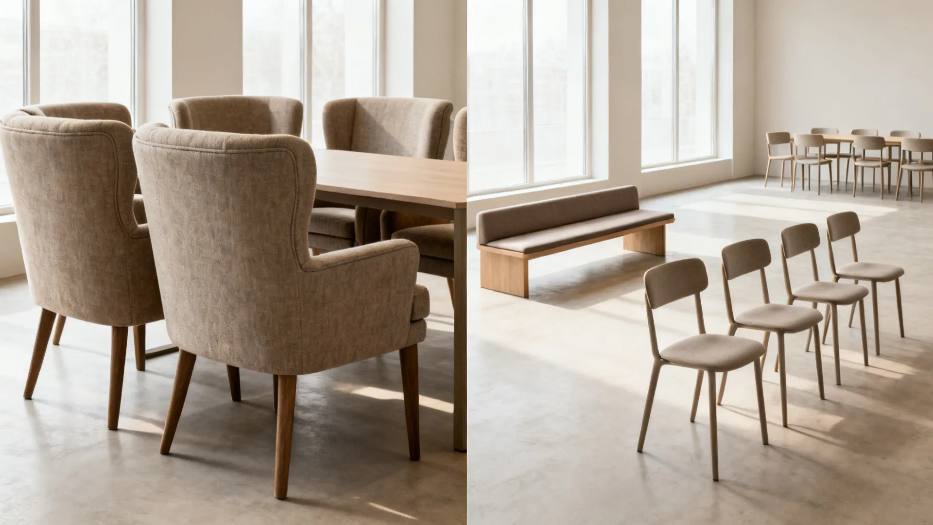 Before-and-after of dining seating switching from bulky chairs to armless chairs with a bench to fit ten comfortably.
