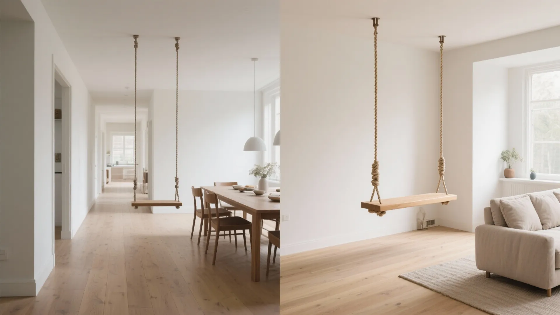 Before-and-after comparison of an indoor wooden swing placed near a dining table and a sofa