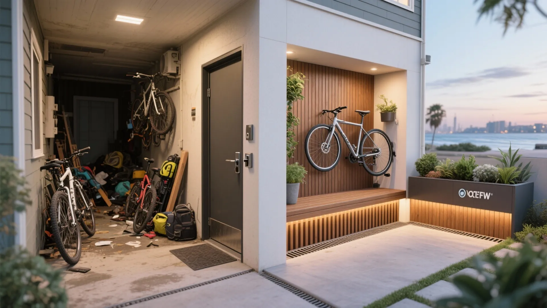Clean outdoor bike storage area with wooden wall panel bench compared to a messy garage