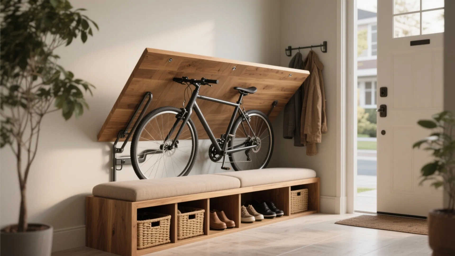 Entryway wooden storage bench with shoes and baskets below a wall mounted folding bike rack