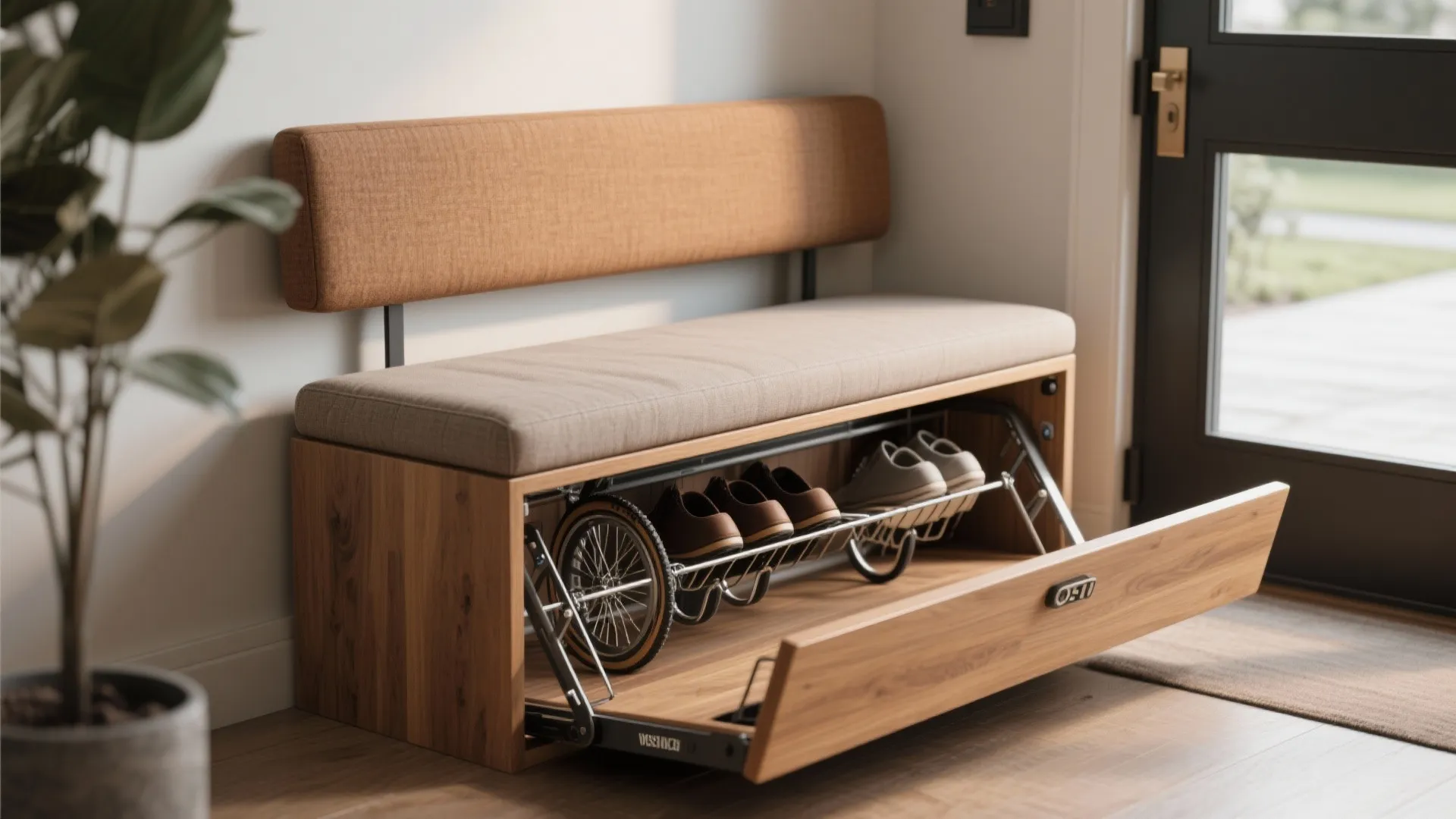 Wooden entryway bench with built-in storage compartment for shoes and a small folding bicycle wheel