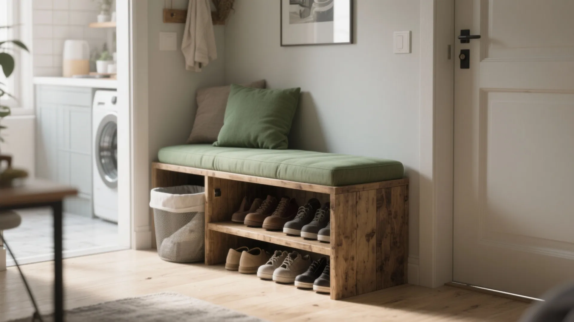 4. Multi-use furniture: bench with laundry bin