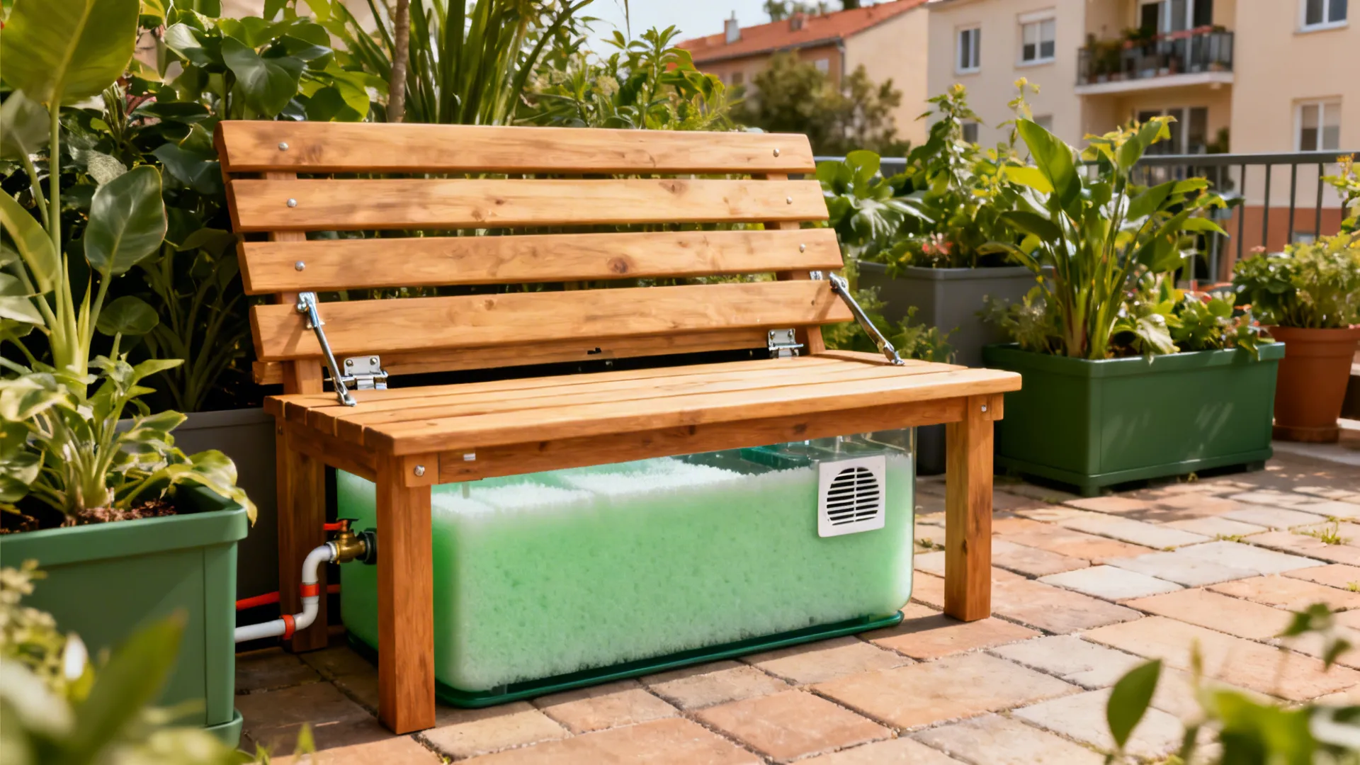 Garden bench concealing a foam-insulated biodigester with discreet gas routing in a shared courtyard.
