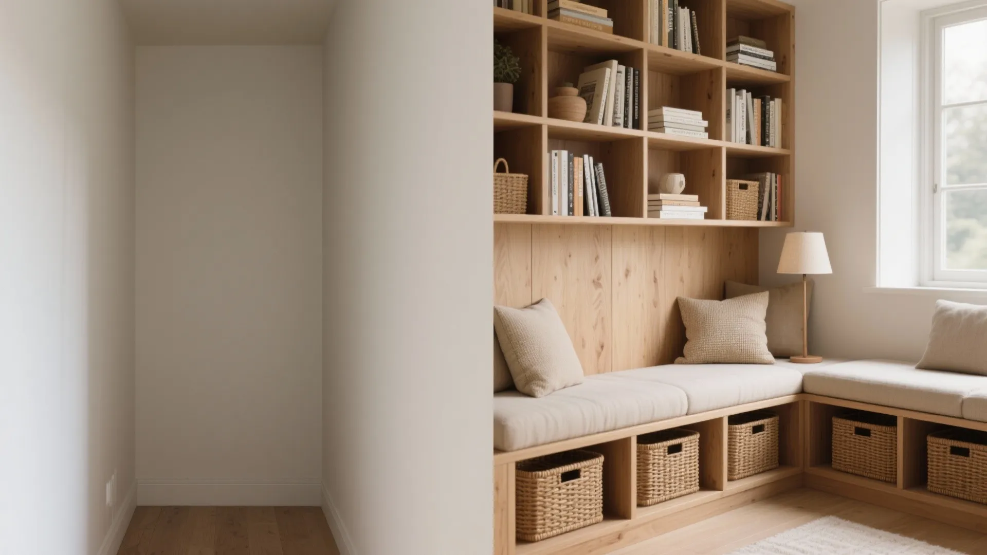 Built in wooden reading nook featuring a cushioned bench with storage baskets and open bookshelves