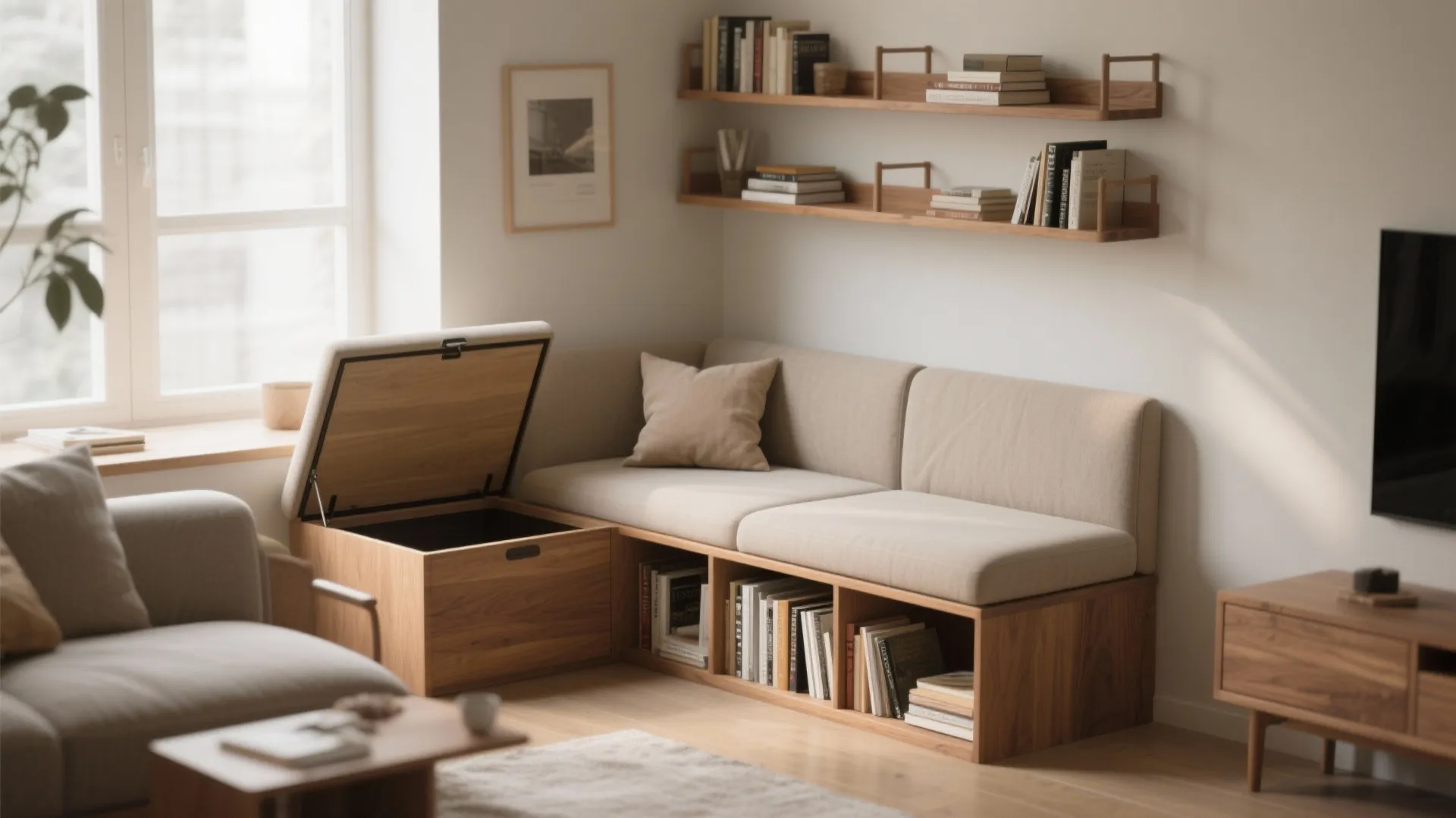 Wooden corner bench with storage compartments and wall shelves in a bright modern living room
