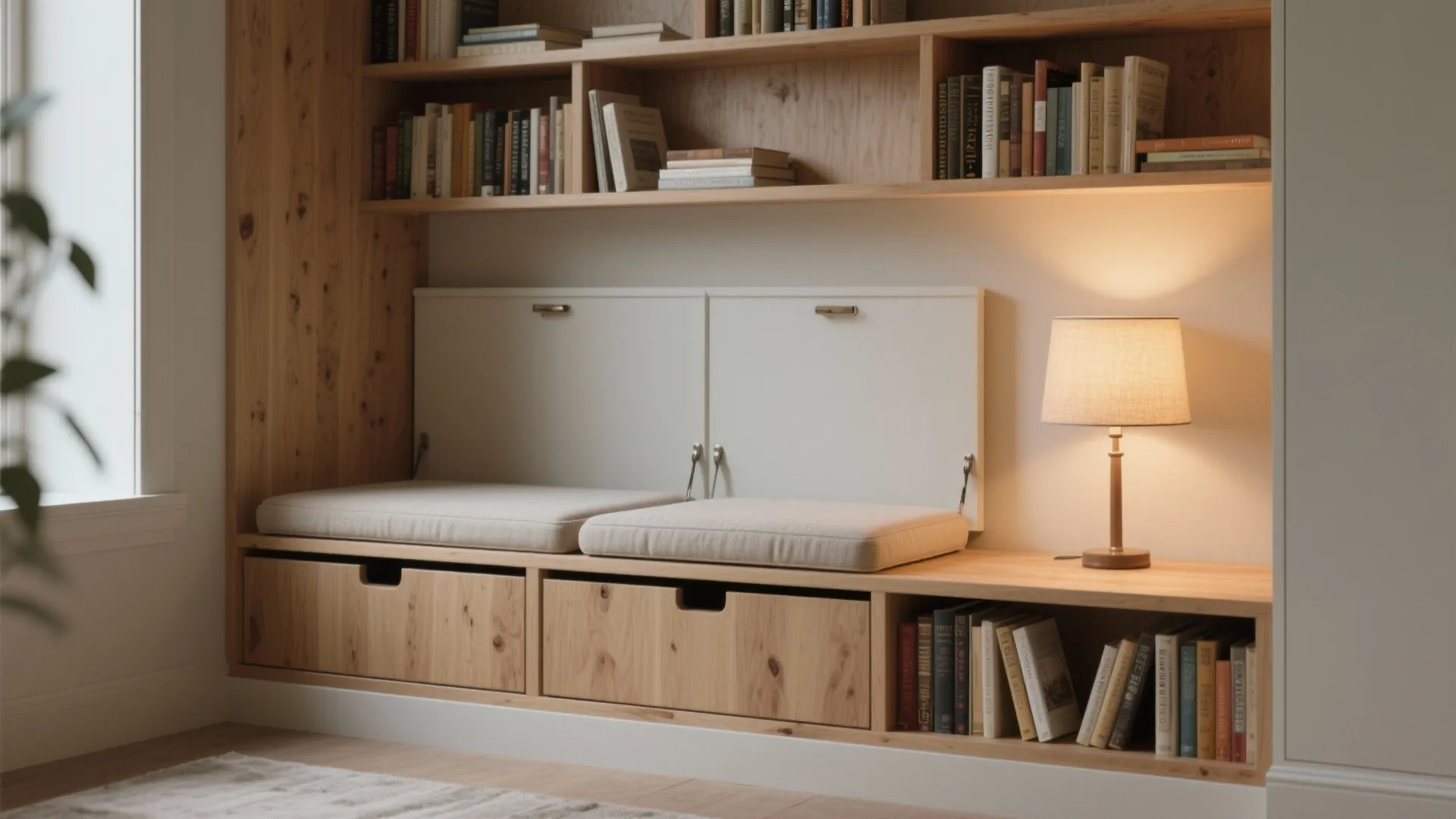 2. Built-in bench with integrated bookshelf