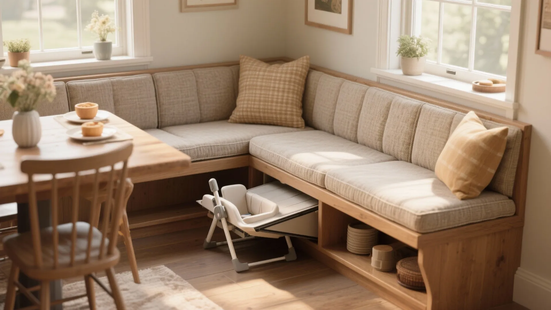 Corner dining bench with soft cushions and storage space for a folded baby booster chair