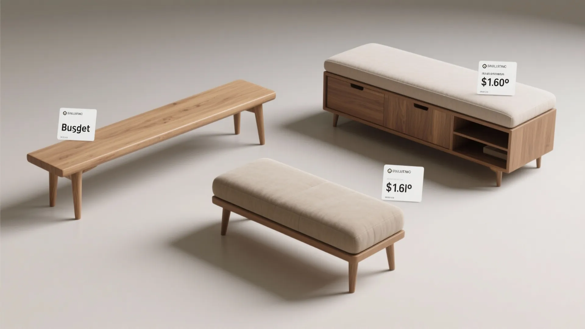 Three different wooden seating options with price tags showing budget and storage design furniture choices