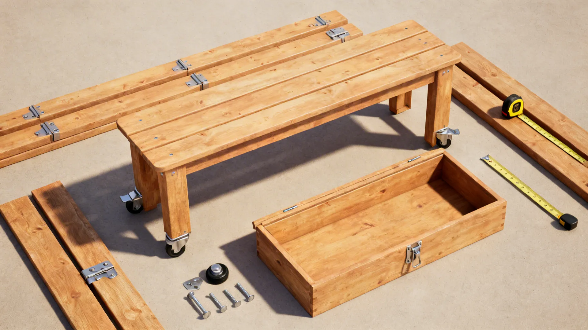 Top-down view of pine boards, casters, and hardware for building a modular bench.