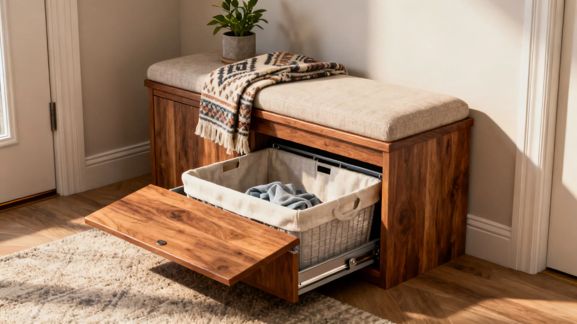 Entryway bench with lift-up lid revealing a built-in cloth laundry basket and cushion on top.