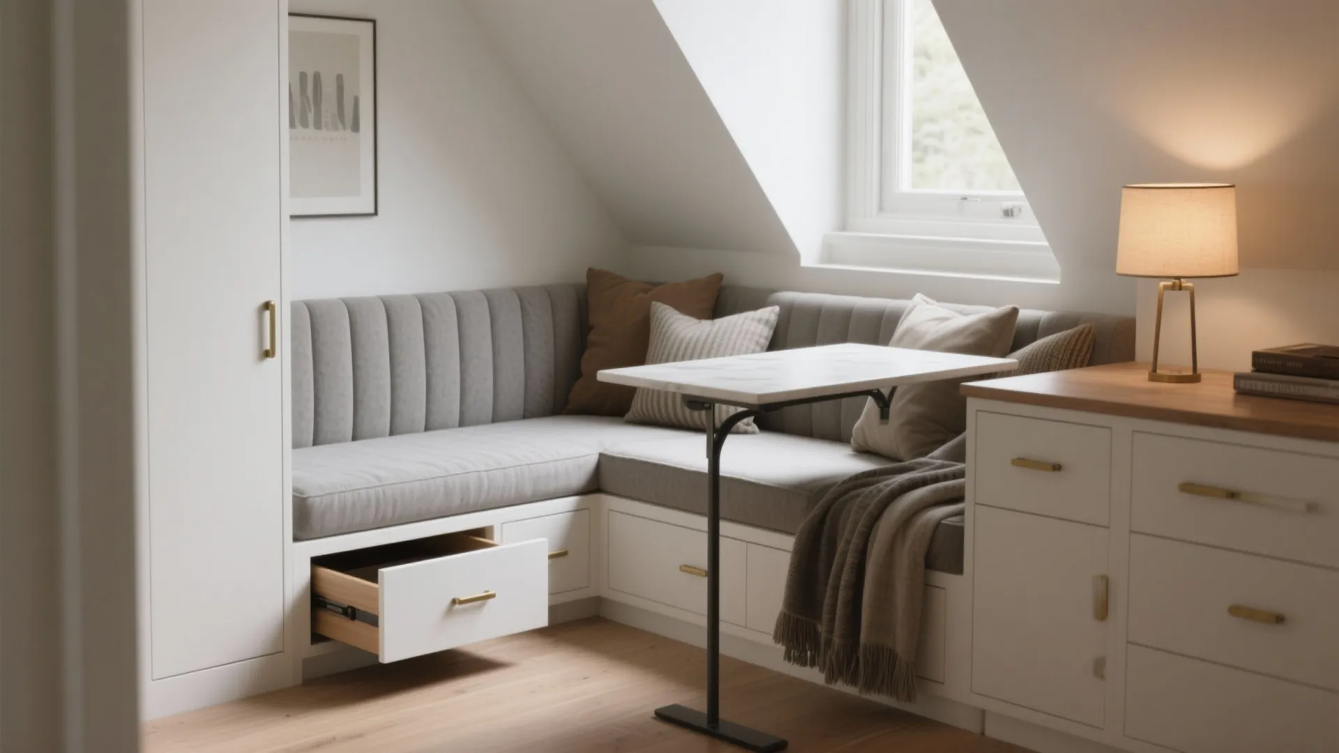Small attic corner with grey wall panel seating white cabinet table and small roof window