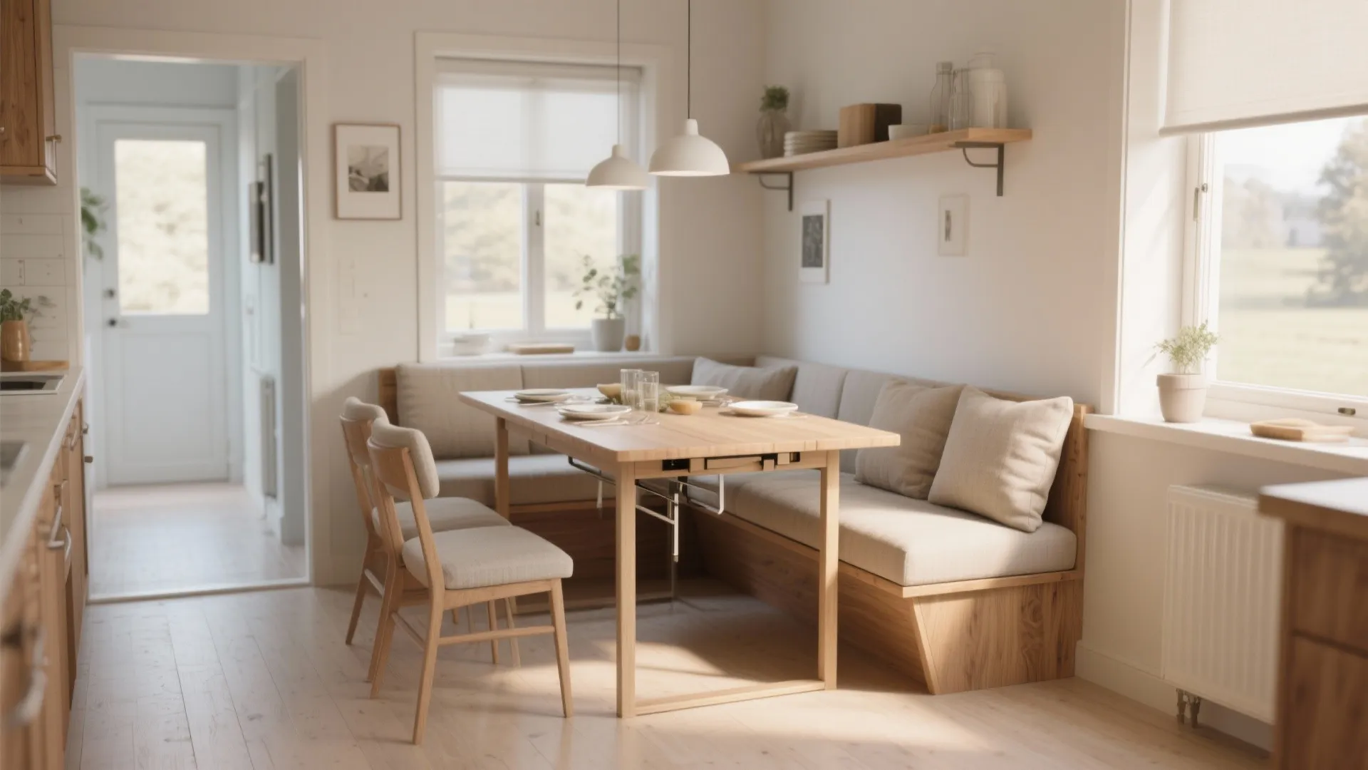 Bright dining room with corner bench seating, wooden table, beige cushions, and white ceiling light