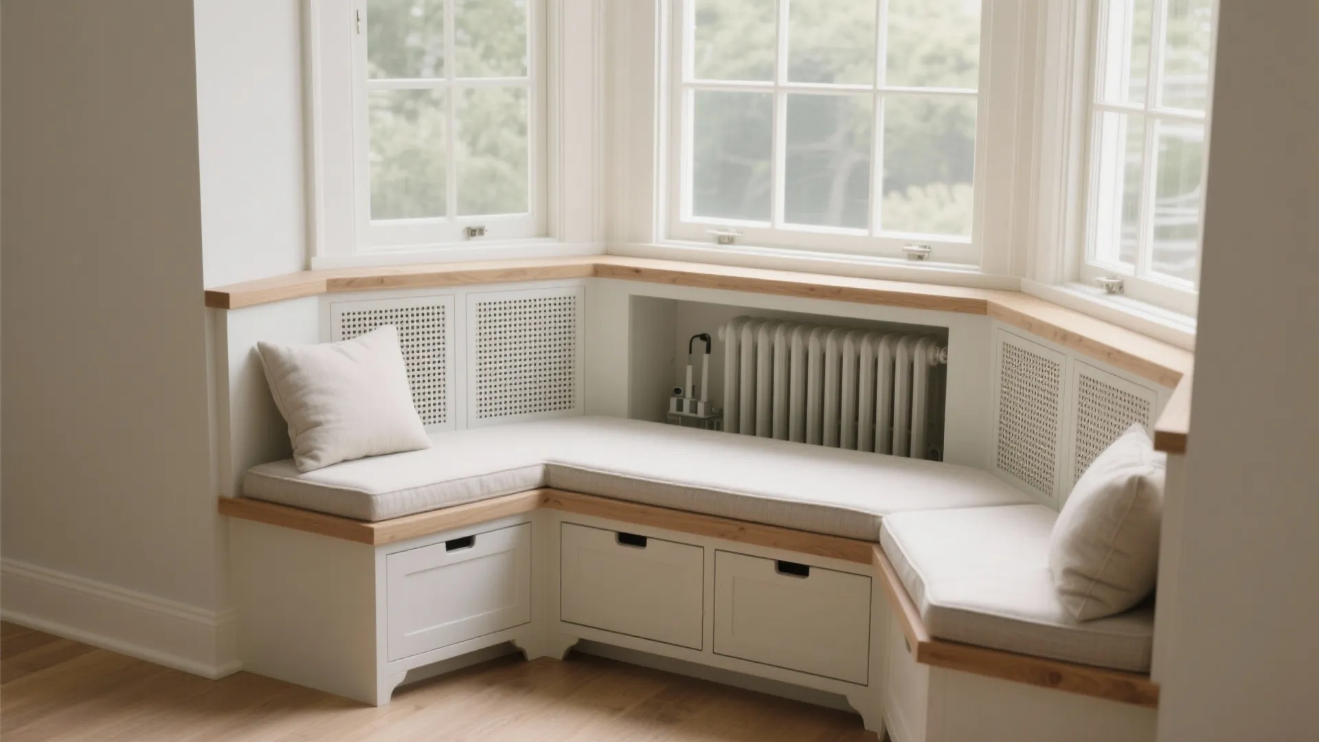 Built in corner window seat with white cushions wooden top drawers and radiator cover panels