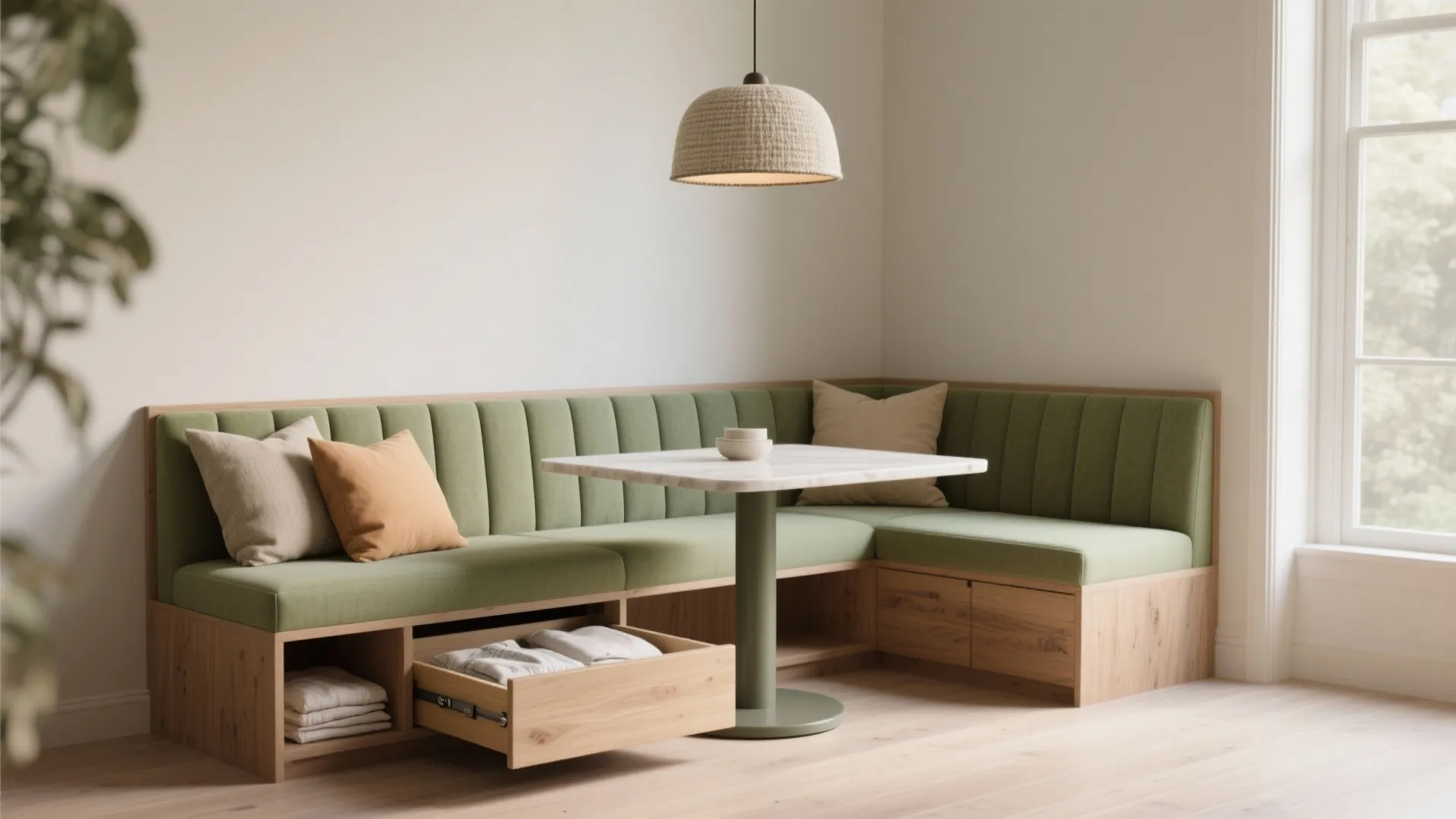 Green corner dining bench with built in wooden storage drawers and a white marble table